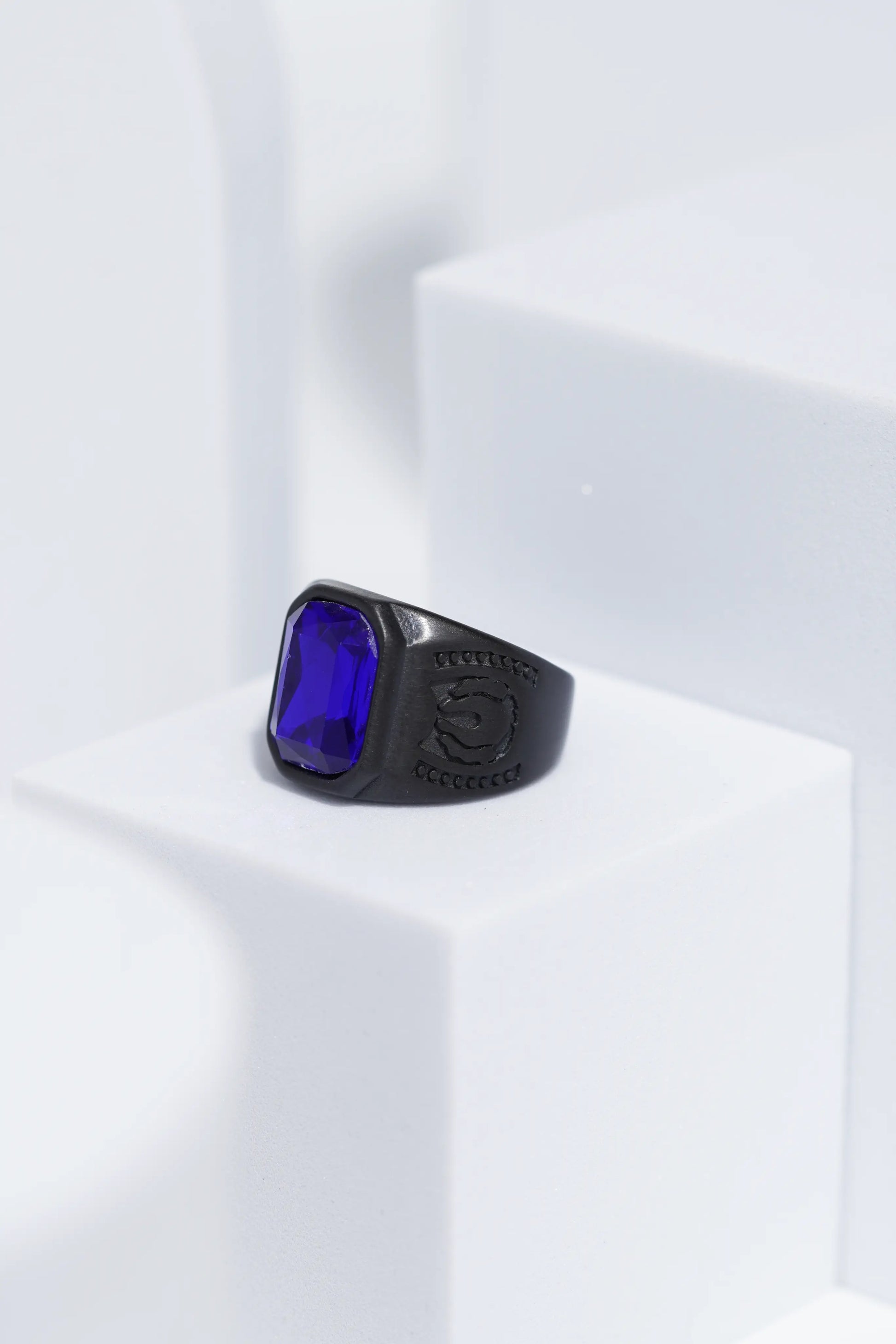 Blue Square Cut Stone Black Stainless Steel Ring For Men. worldjewel.in men's ring