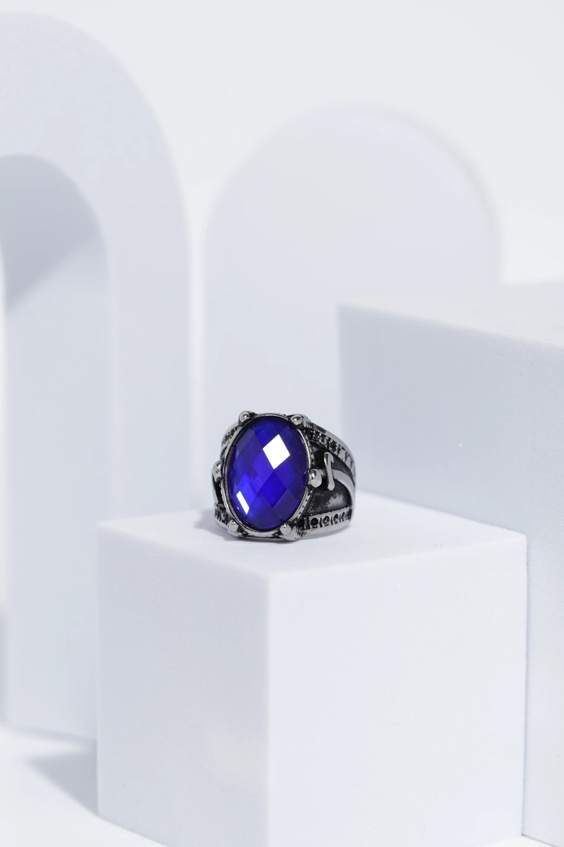 Blue Stone Silver Stone Textured Stainless Steel Ring For Men. worldjewel.in men's ring