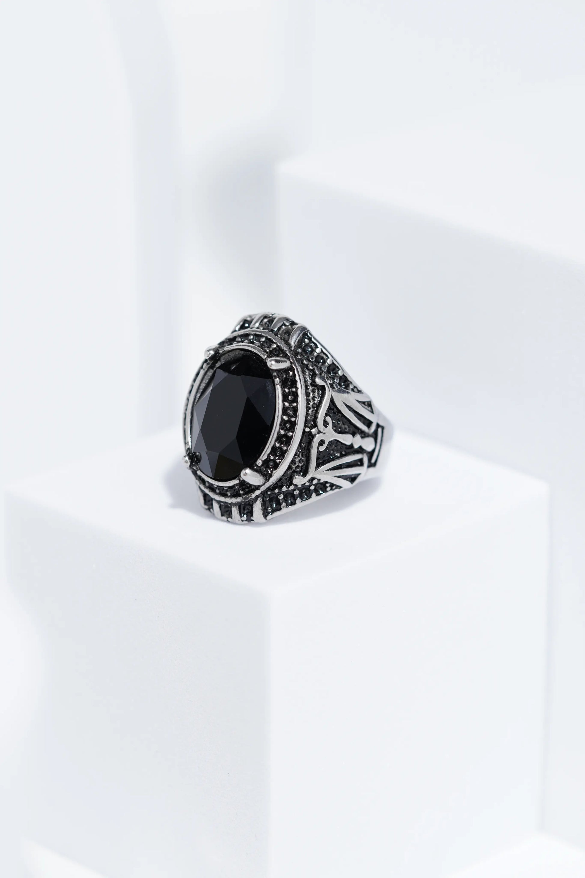 Black Cut Oval Silver Stainless Steel Ring For Men. worldjewel.in men's ring