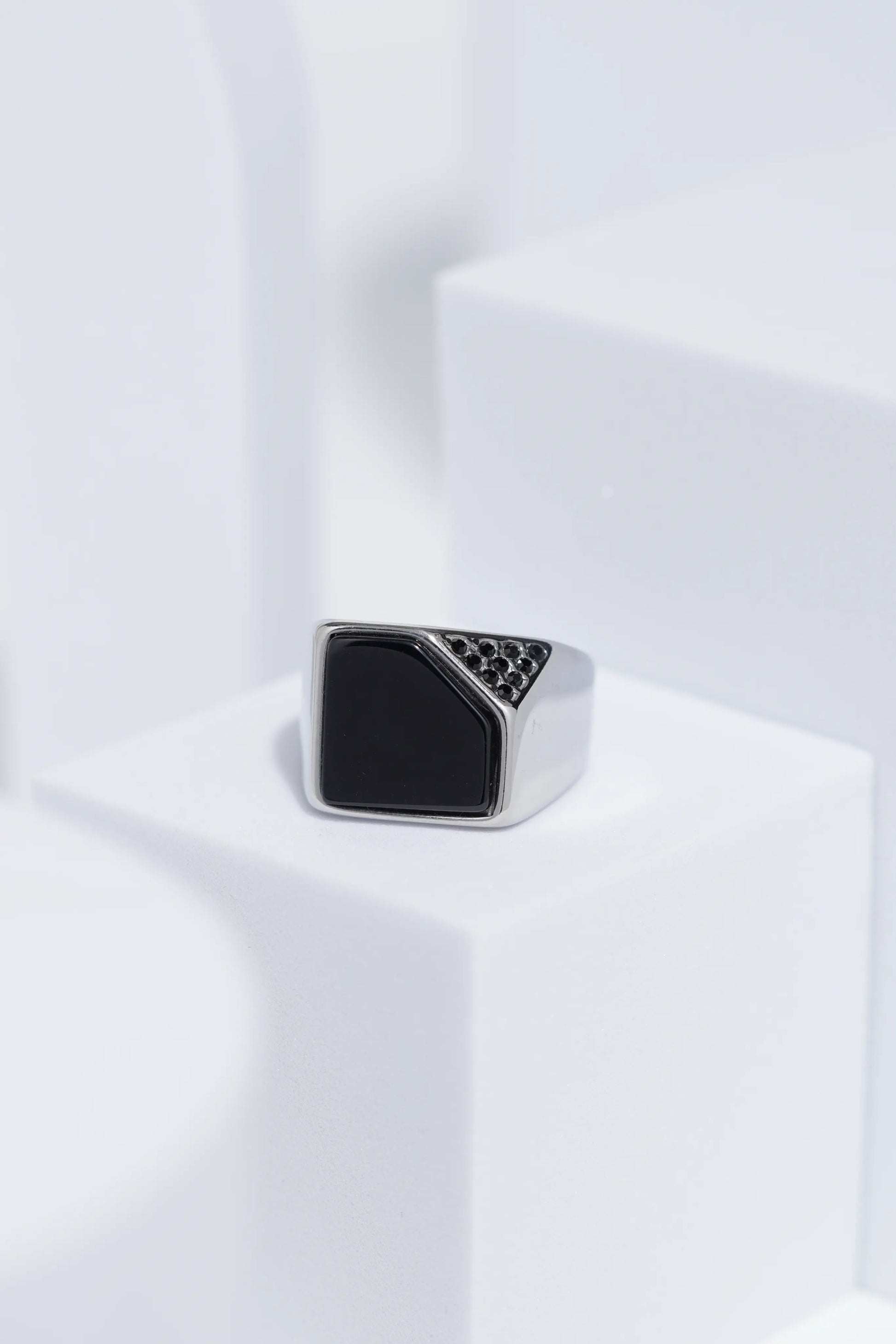 Black Cut Stone Silver Stainless Steel Ring For Men. worldjewel.in men's ring