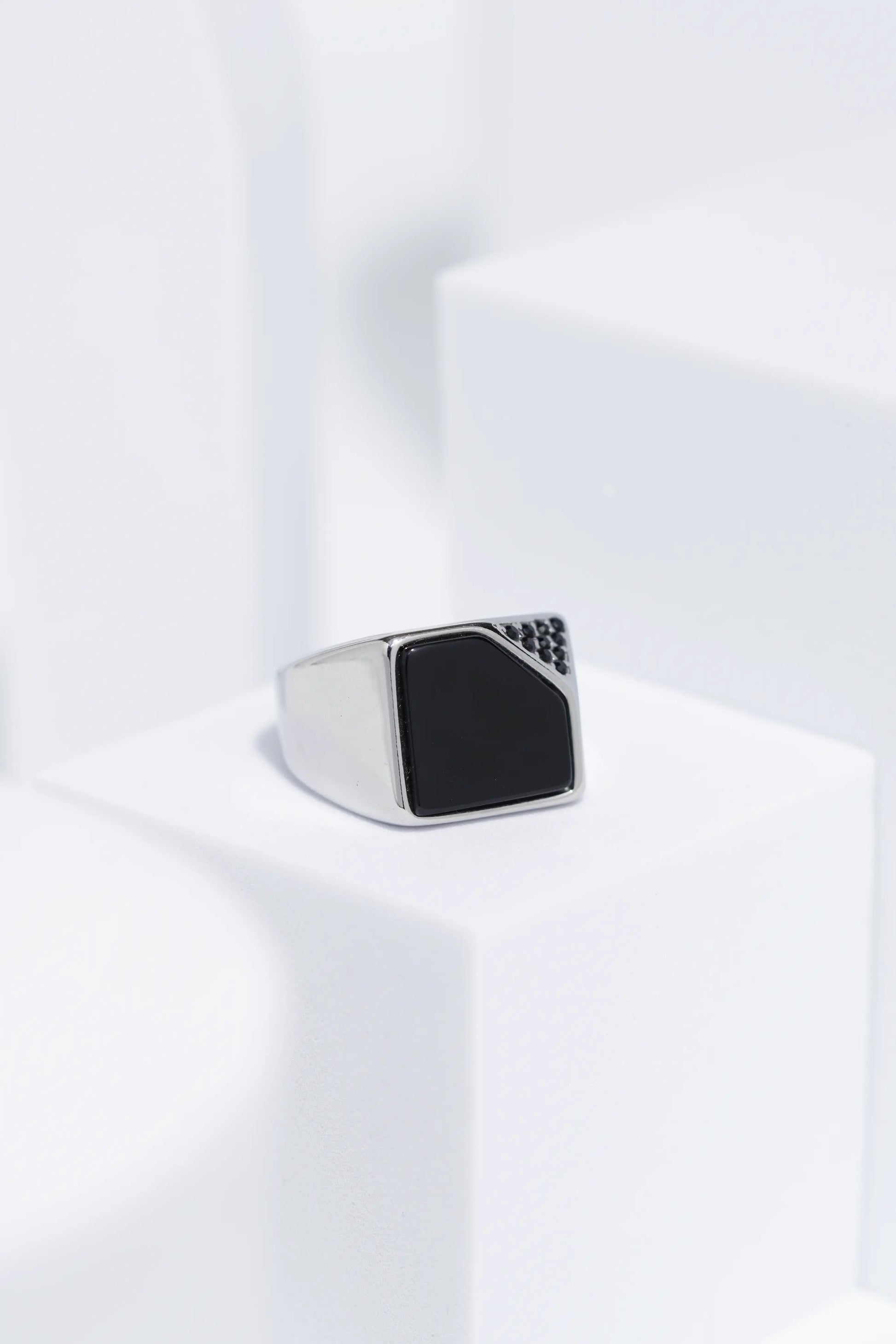 Black Cut Stone Silver Stainless Steel Ring For Men. worldjewel.in men's ring