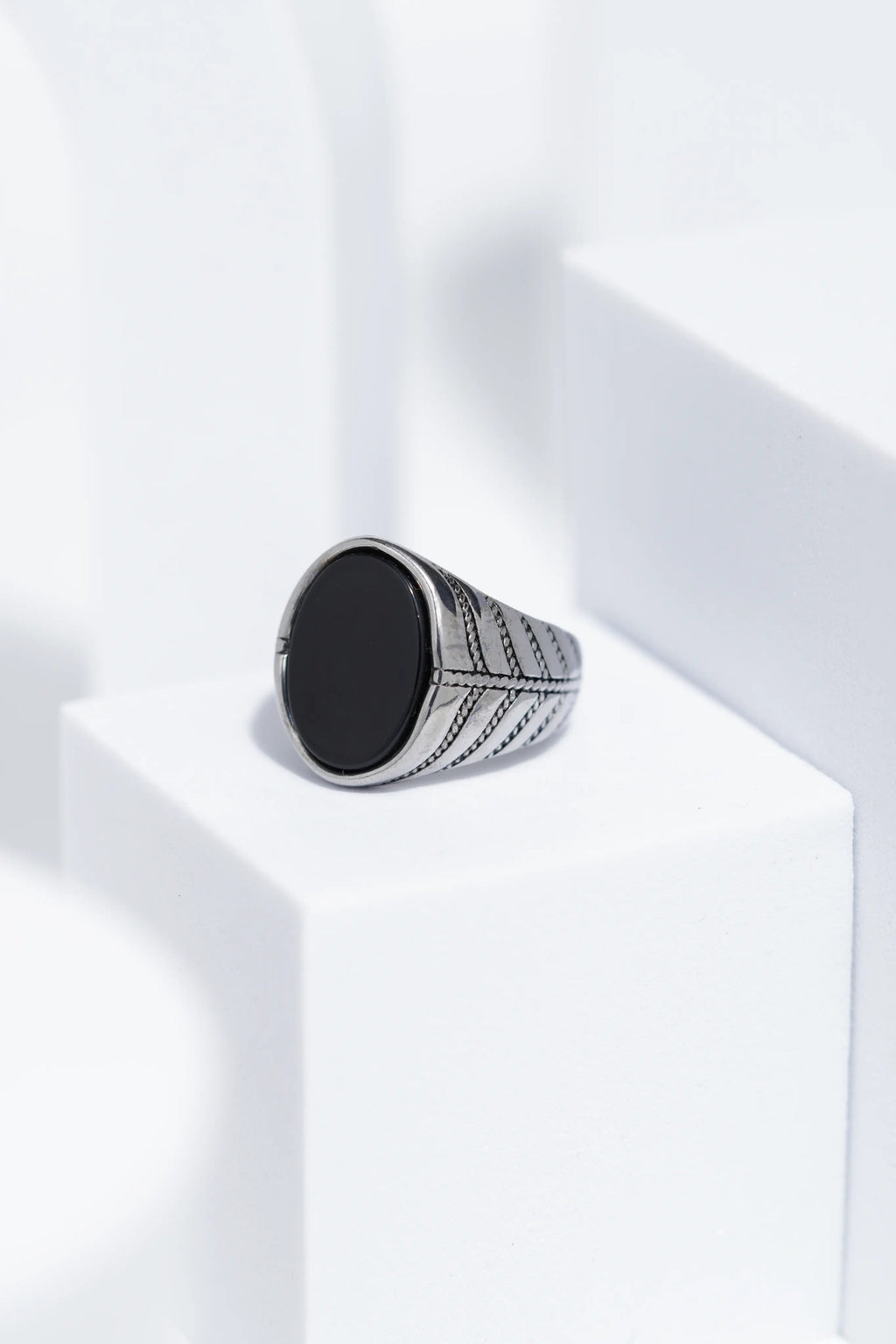 Black Flat Oval Stone In Sliver Color Stainless Steel Ring For Men. worldjewel.in men's ring
