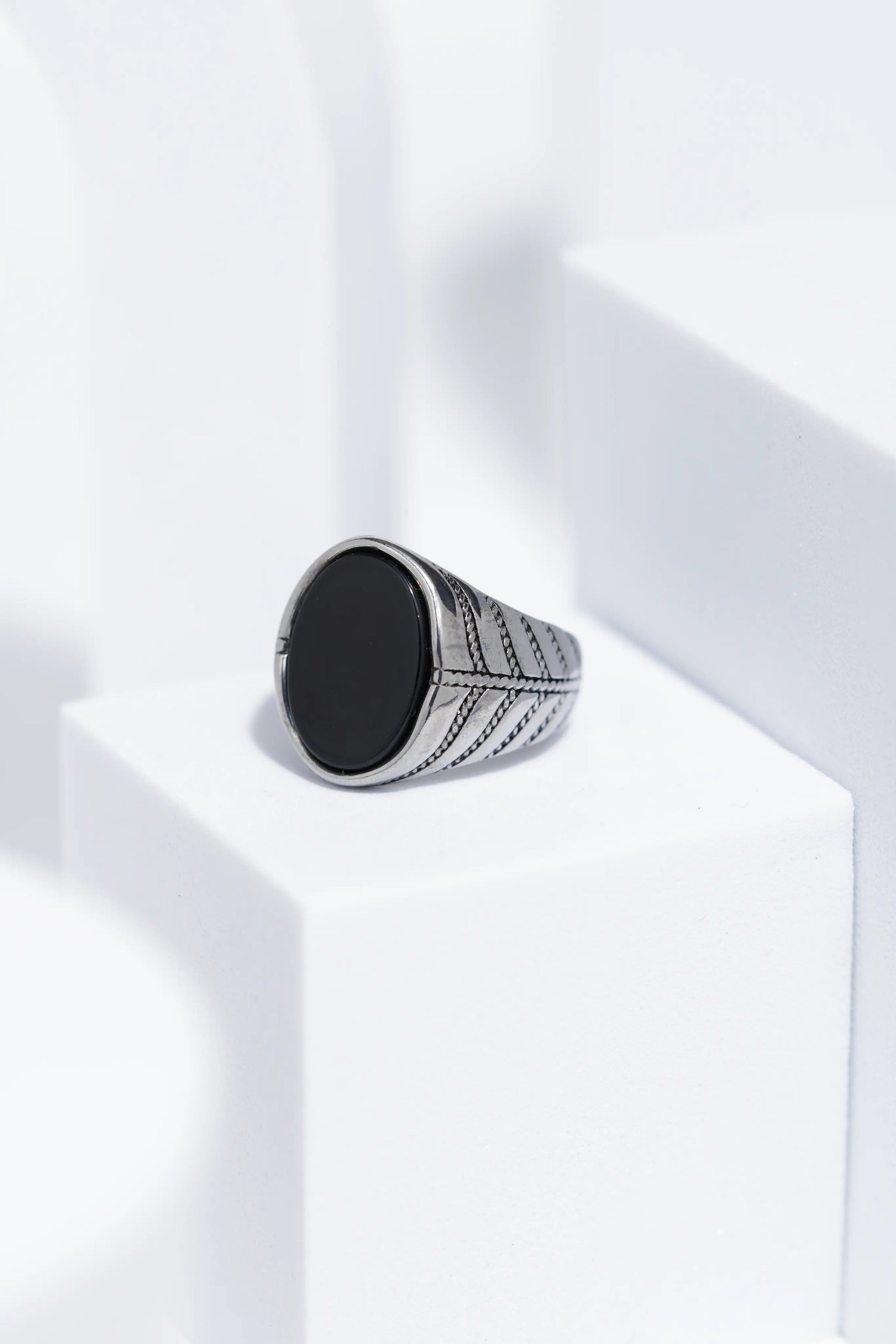 Black Flat Oval Stone In Sliver Color Stainless Steel Ring For Men. worldjewel.in men's ring