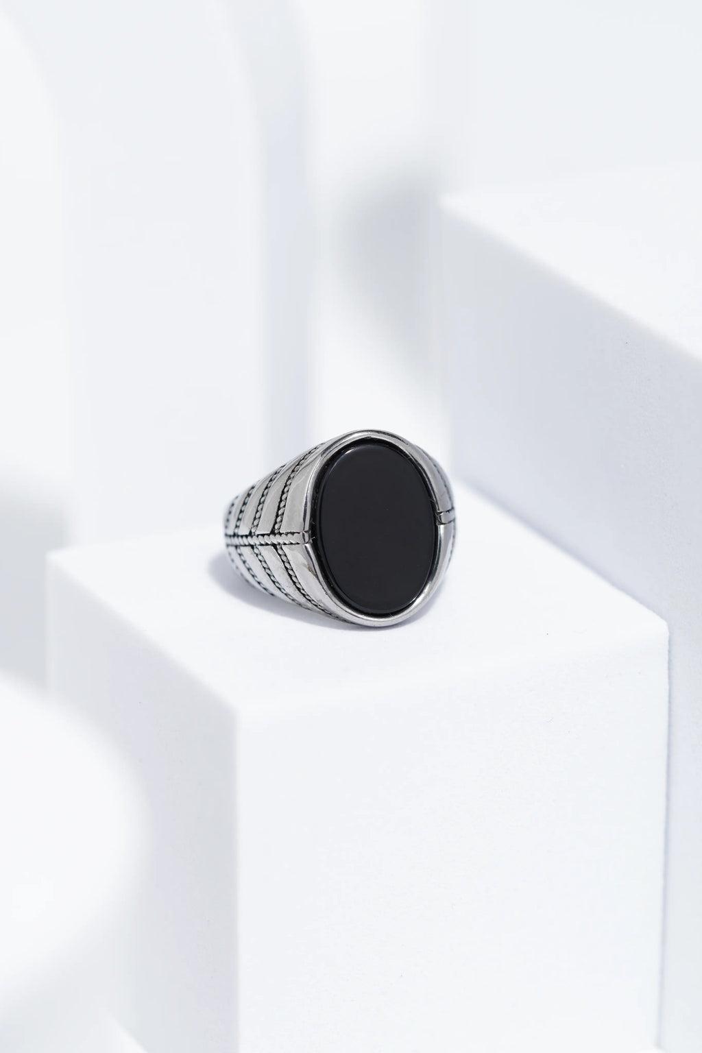 Black Flat Oval Stone In Sliver Color Stainless Steel Ring For Men. worldjewel.in men's ring