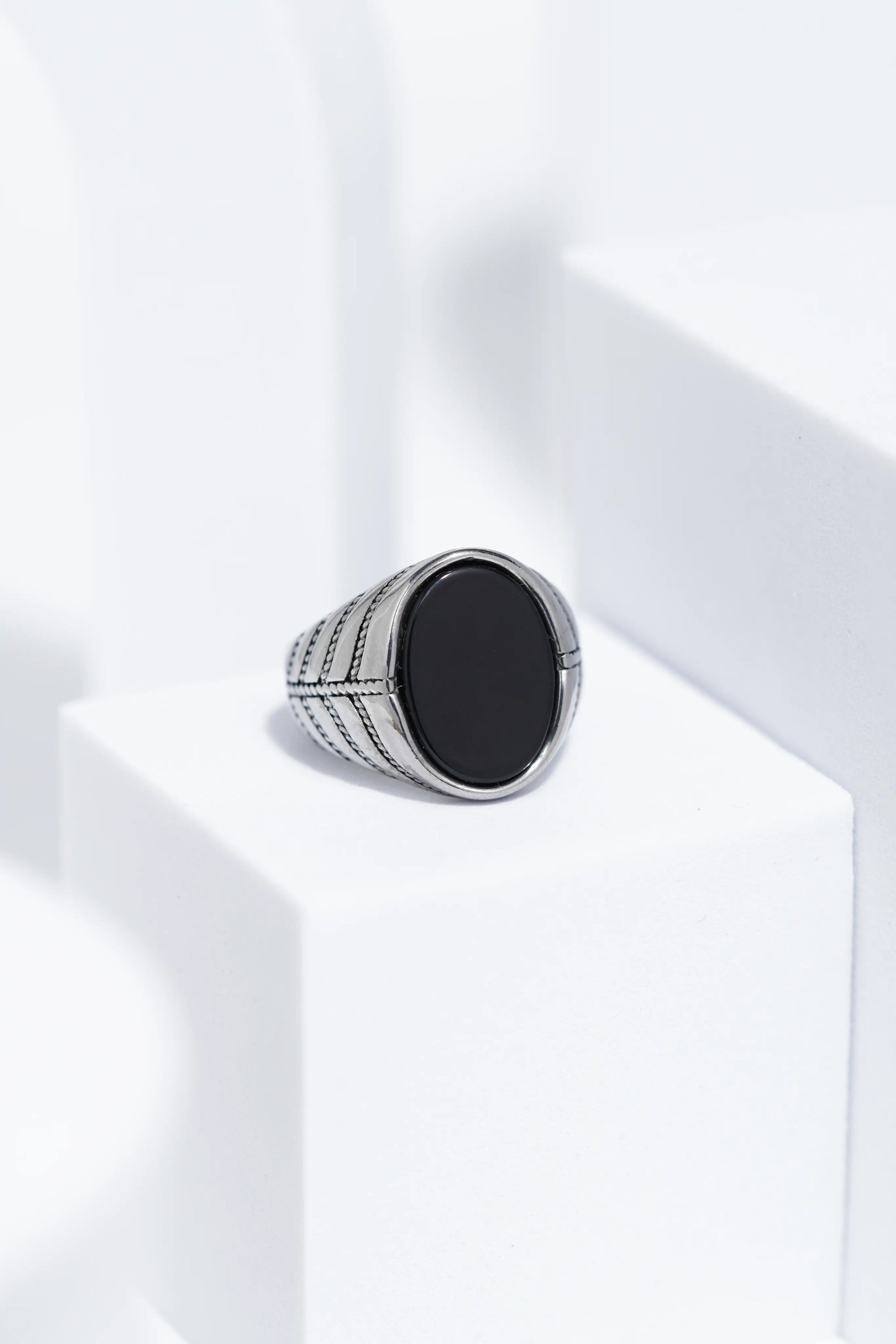 Black Flat Oval Stone In Sliver Color Stainless Steel Ring For Men. worldjewel.in men's ring
