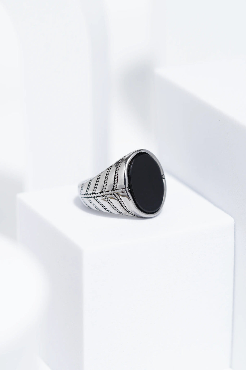 Black Flat Oval Stone In Sliver Color Stainless Steel Ring For Men. worldjewel.in men's ring