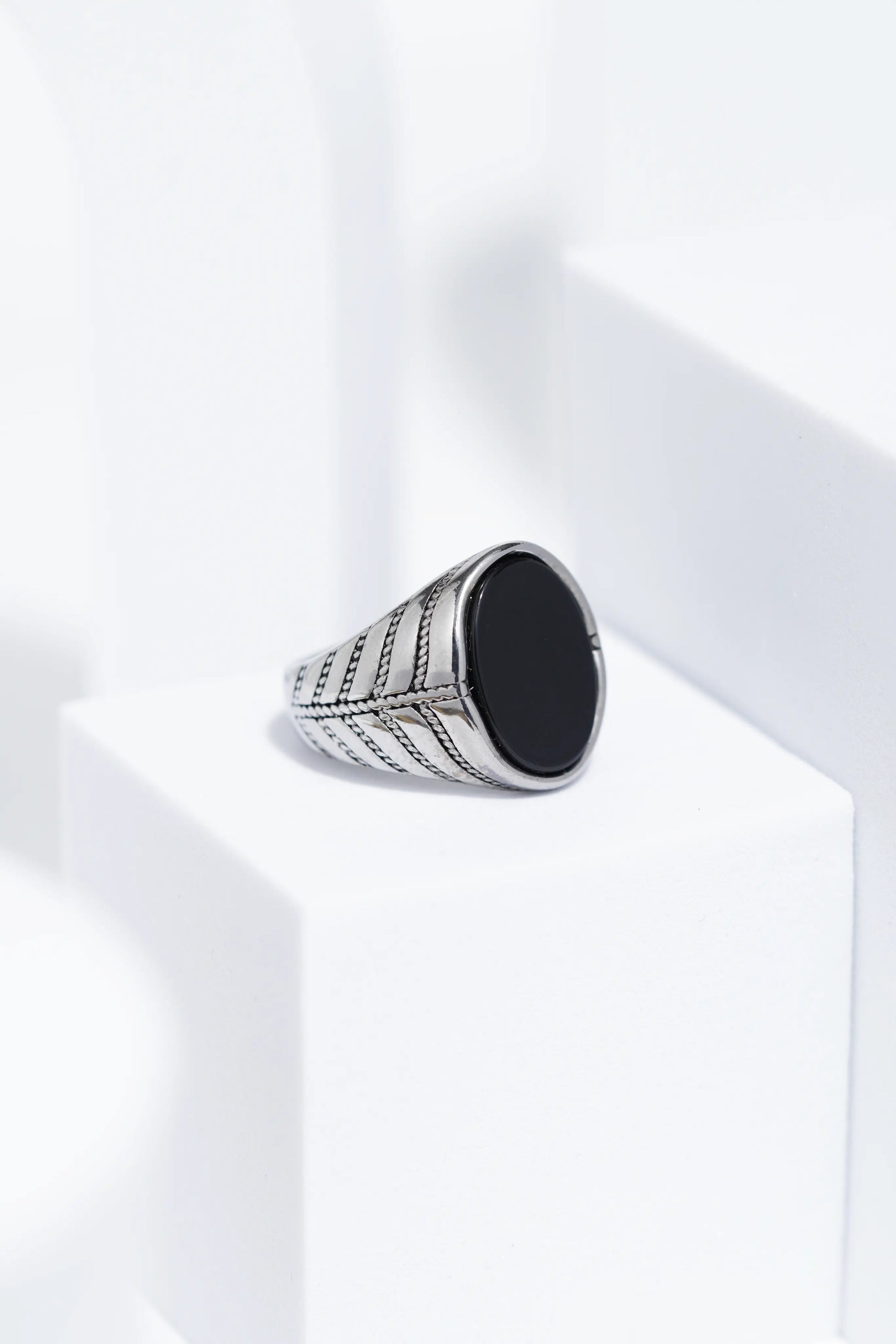Black Flat Oval Stone In Sliver Color Stainless Steel Ring For Men. worldjewel.in men's ring