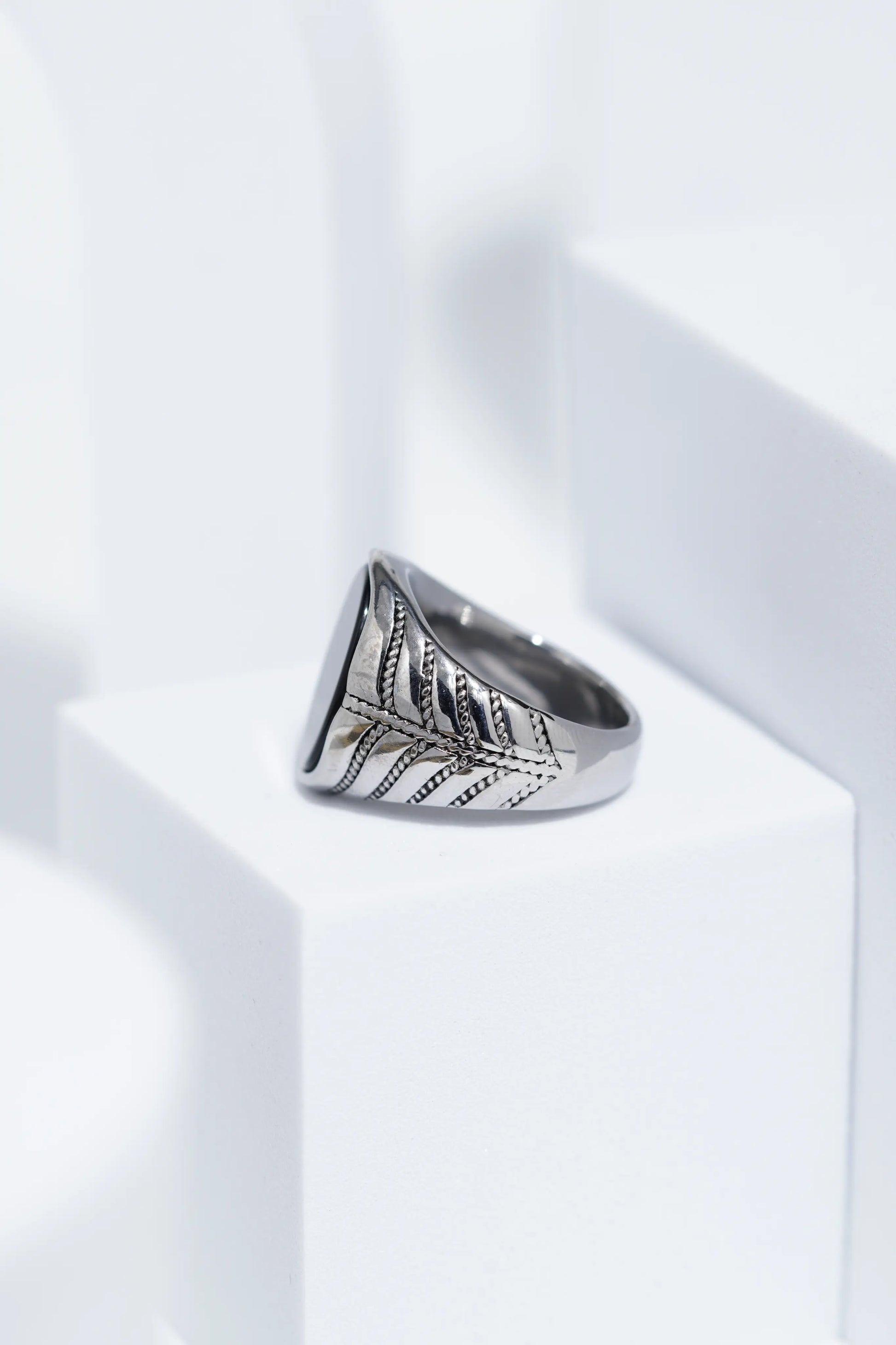 Black Flat Oval Stone In Sliver Color Stainless Steel Ring For Men. worldjewel.in men's ring