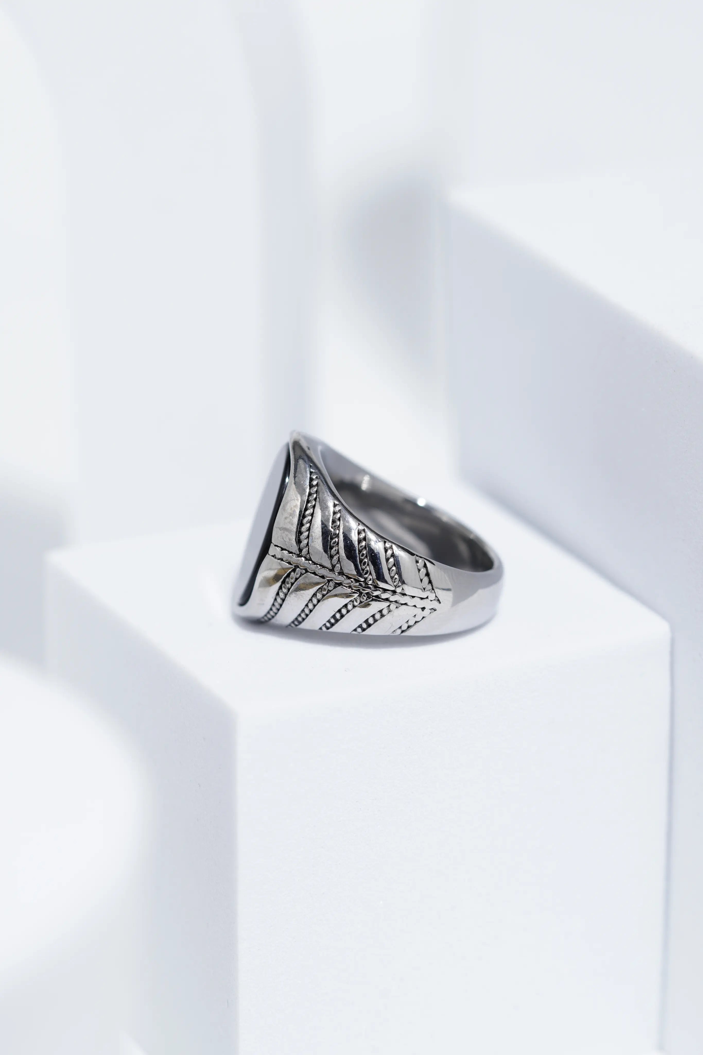 Black Flat Oval Stone In Sliver Color Stainless Steel Ring For Men. worldjewel.in men's ring