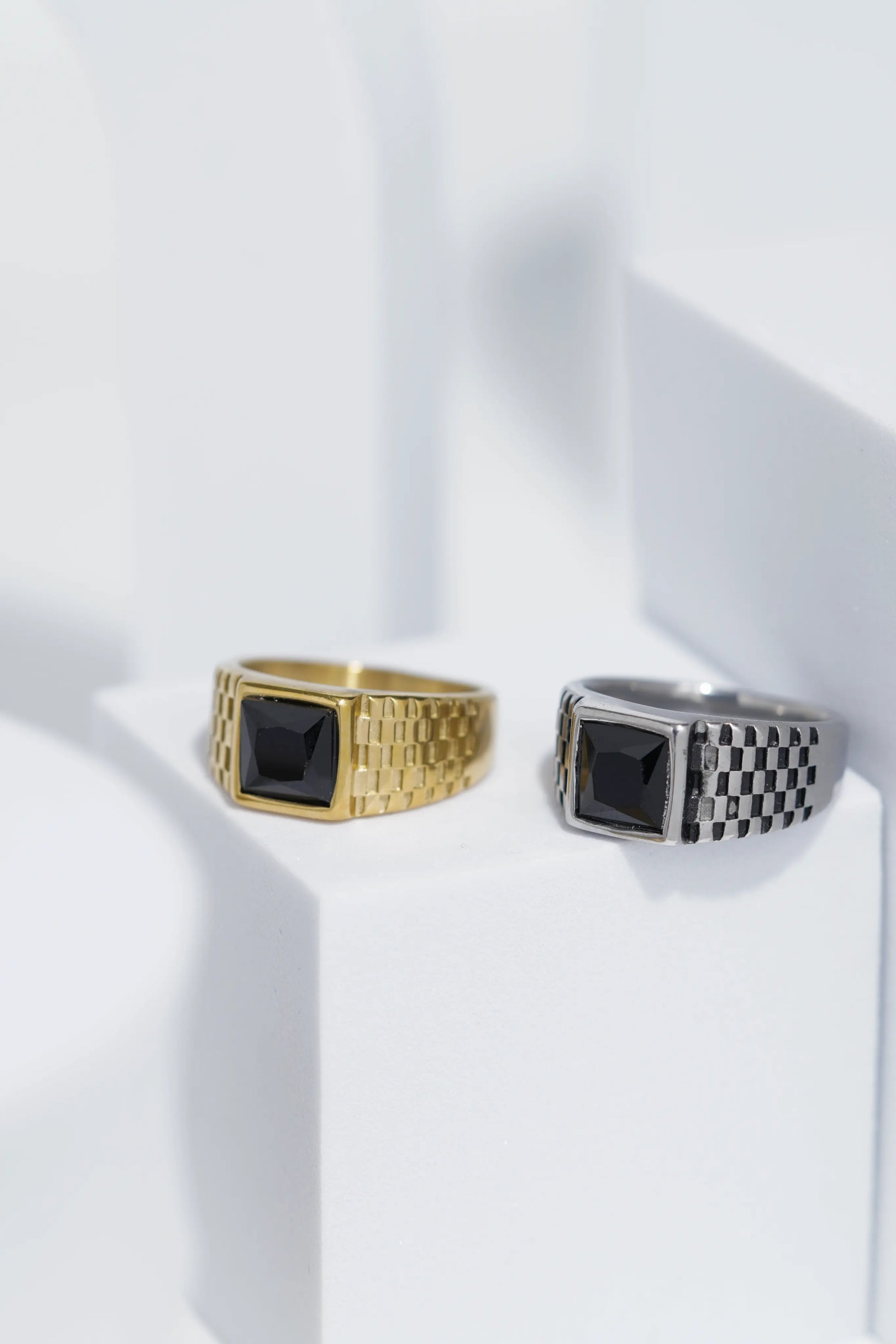 Black Square Stone With Gold And Silver Stainless Steel Ring For Men. worldjewel.in men's ring