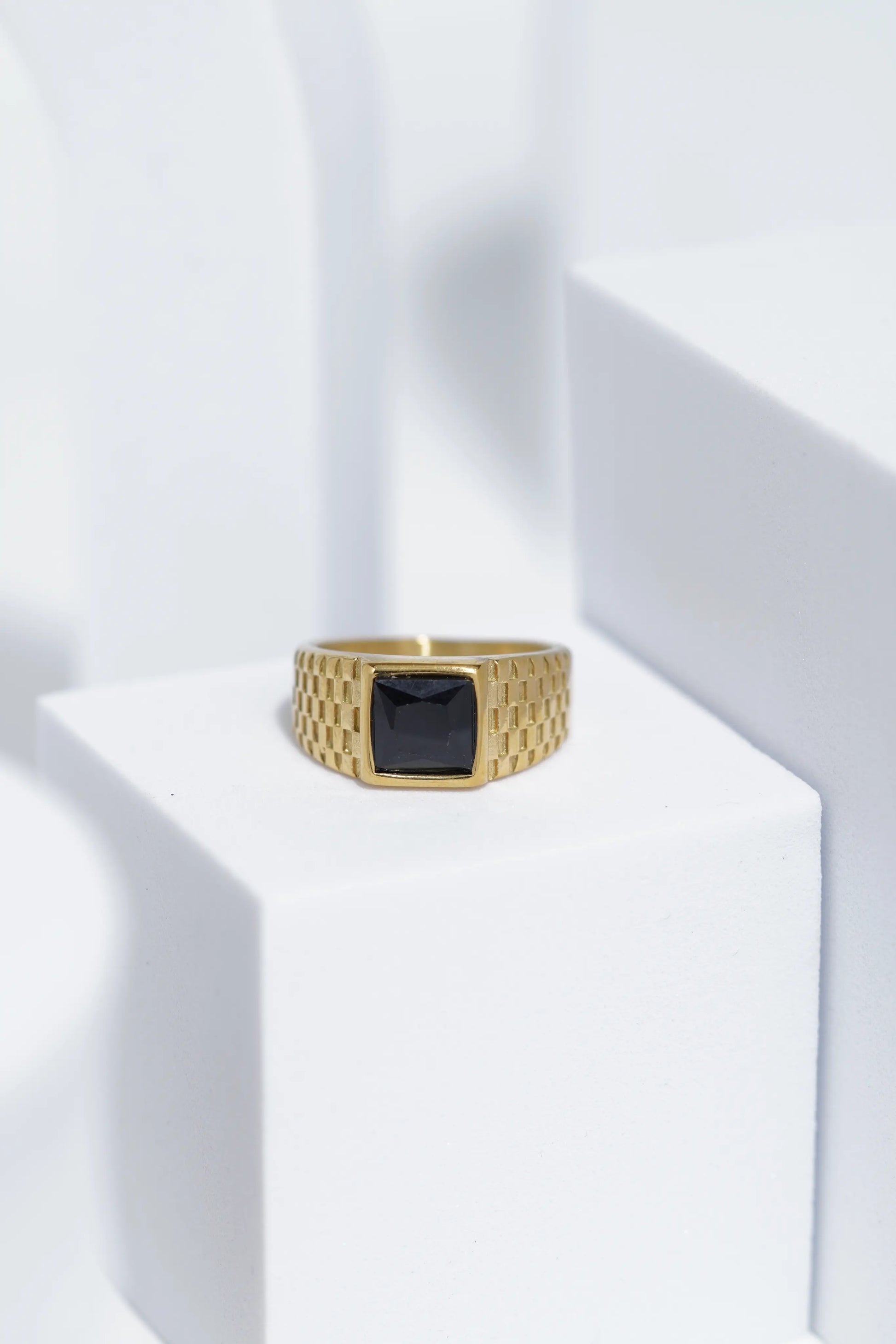 Black Square Stone With Gold And Silver Stainless Steel Ring For Men. worldjewel.in men's ring