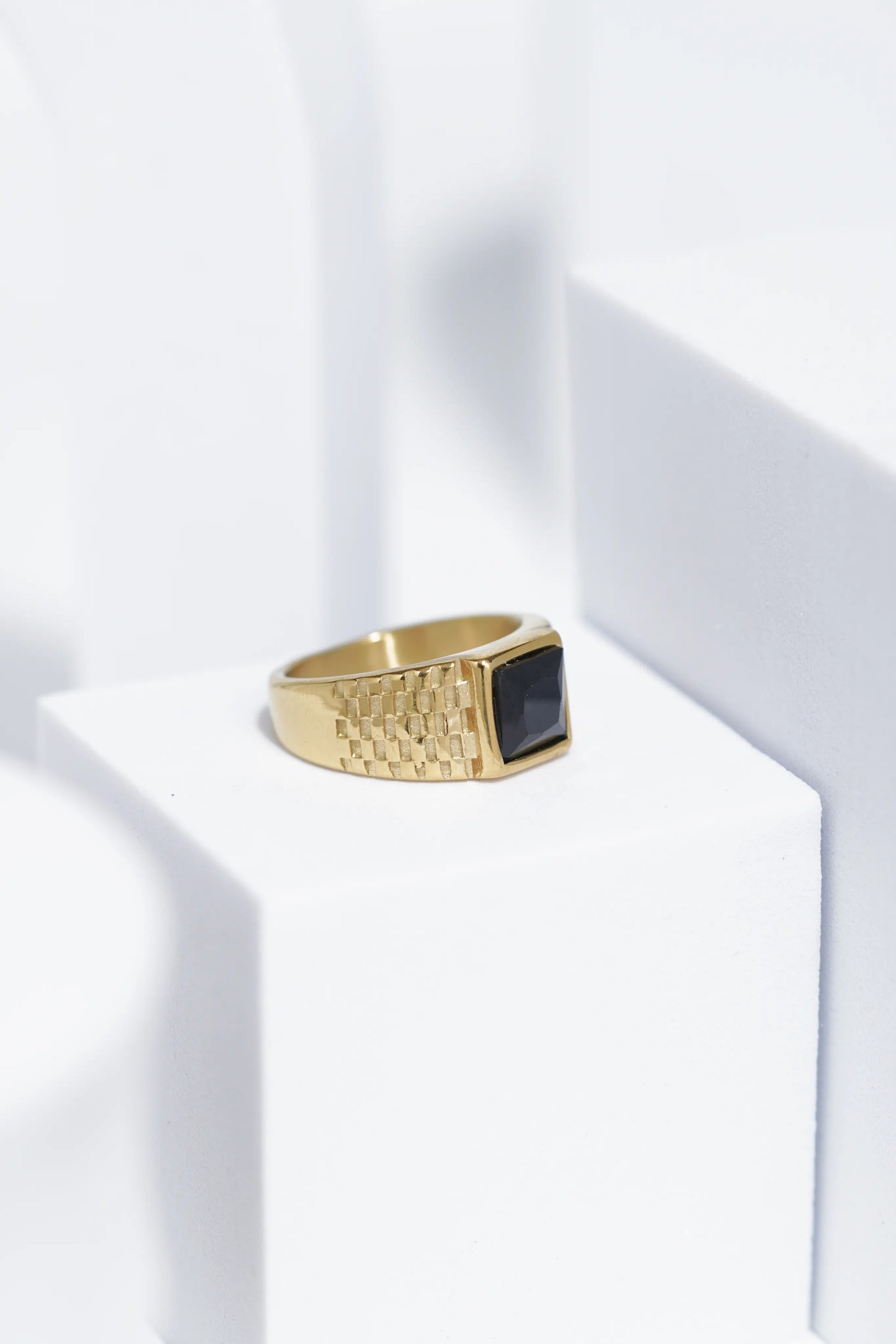 Black Square Stone With Gold And Silver Stainless Steel Ring For Men. worldjewel.in men's ring