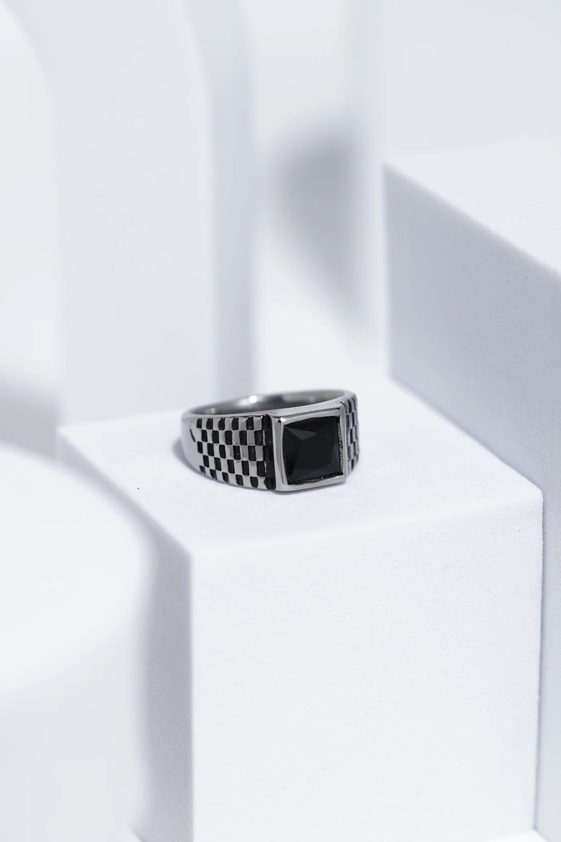 Black Square Stone With Gold And Silver Stainless Steel Ring For Men. worldjewel.in men's ring