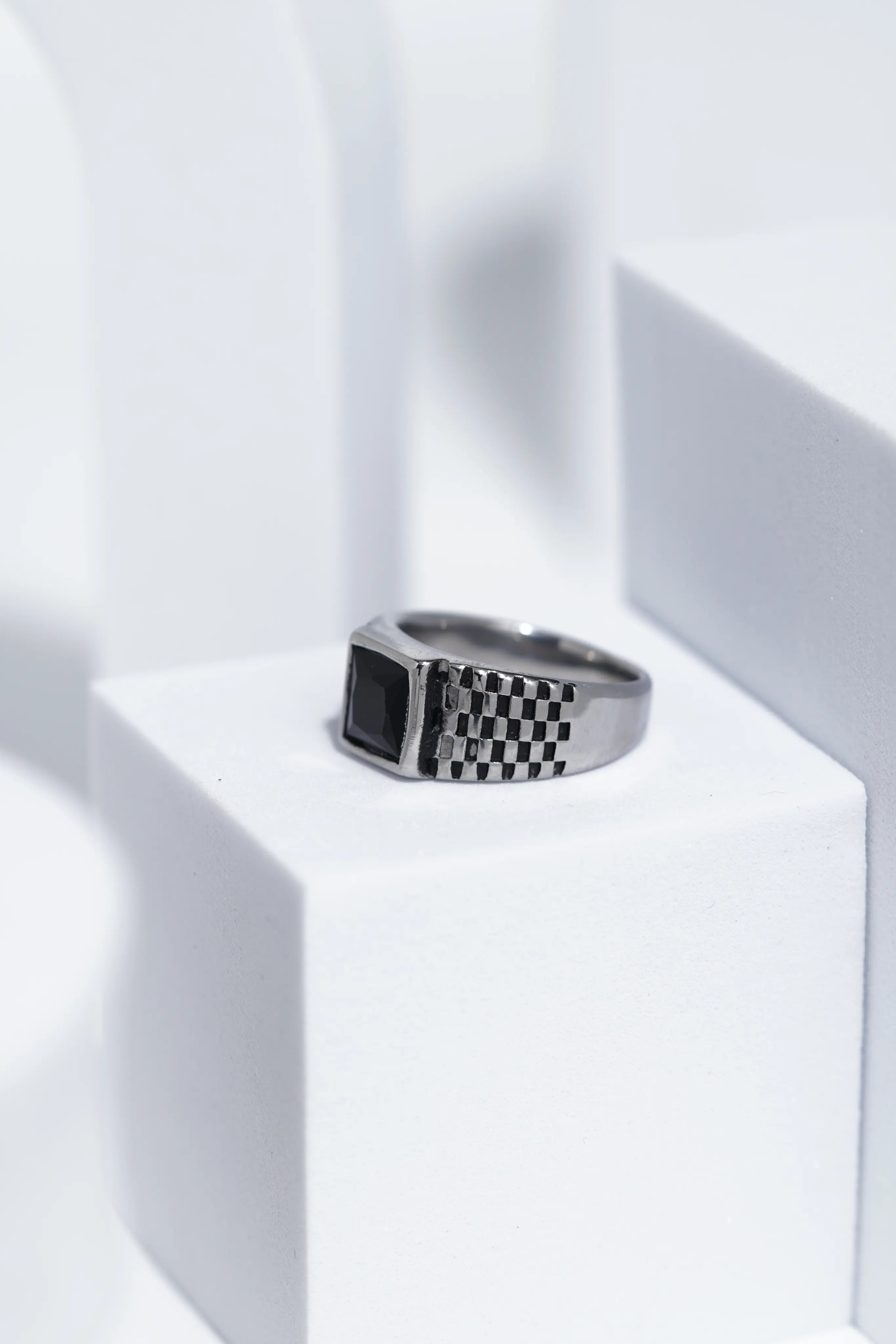Black Square Stone With Gold And Silver Stainless Steel Ring For Men. worldjewel.in men's ring