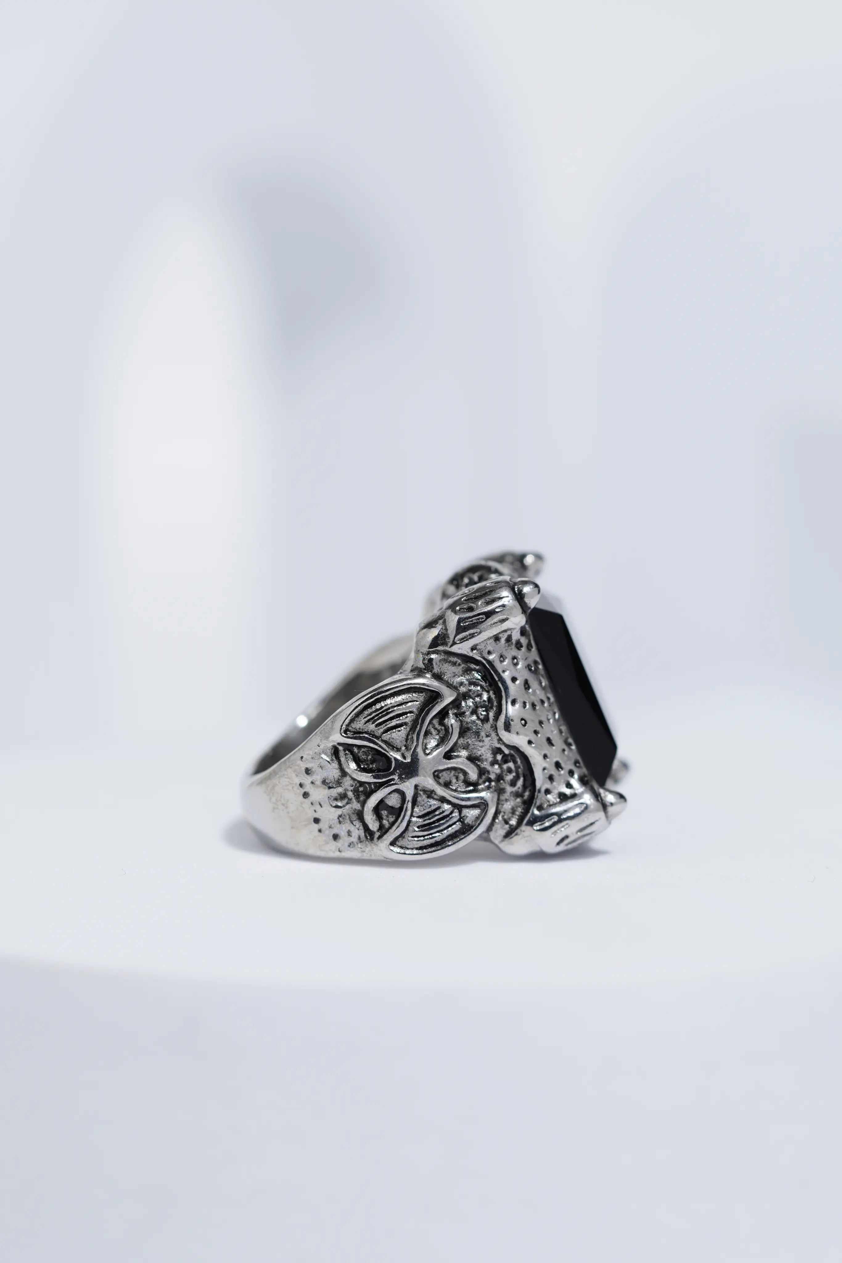Black Stone Rectangle Silver Textured Turkish Ring For Men. worldjewel.in men's ring