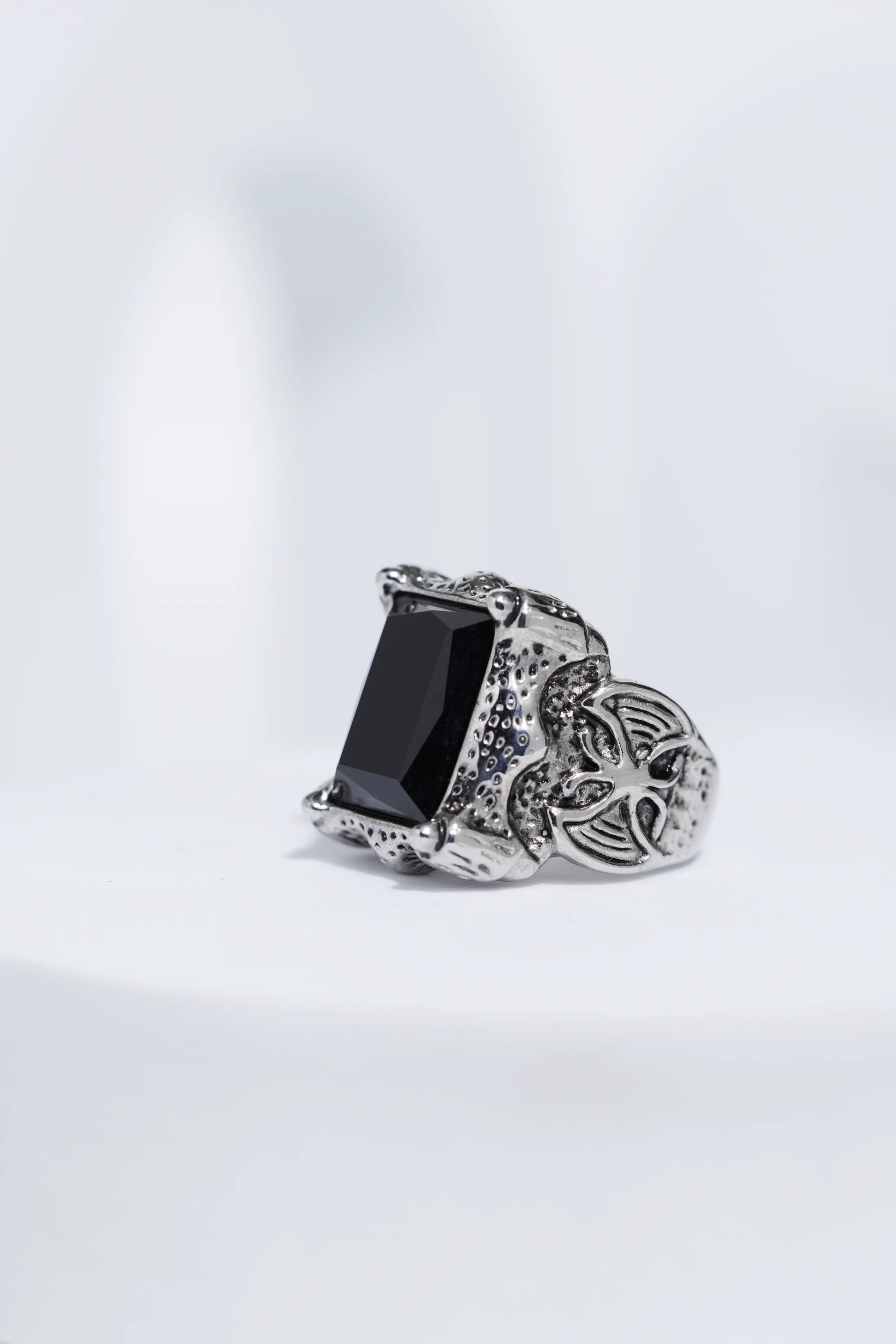 Black Stone Rectangle Silver Textured Turkish Ring For Men. worldjewel.in men's ring