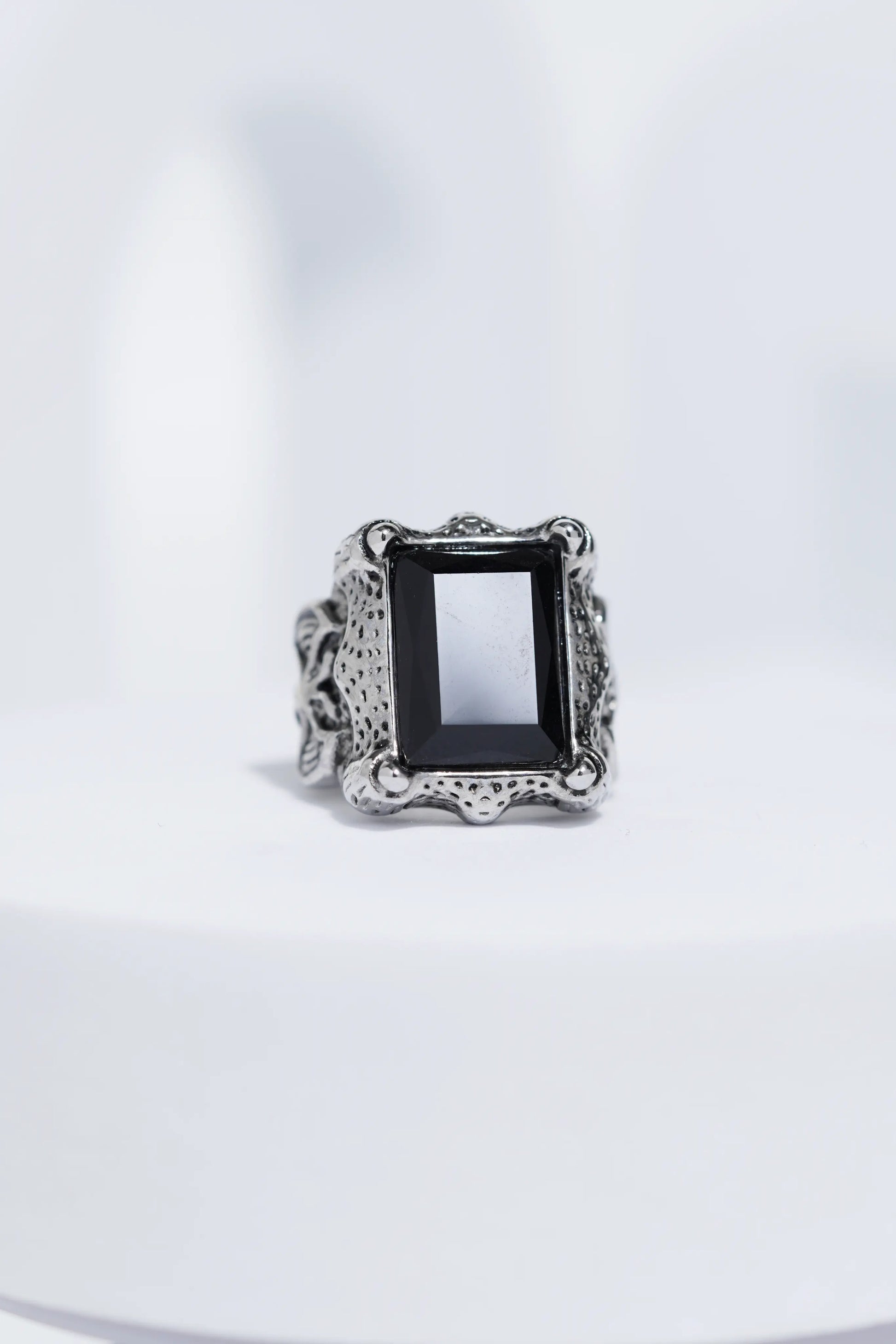 Black Stone Rectangle Silver Textured Turkish Ring For Men. worldjewel.in men's ring