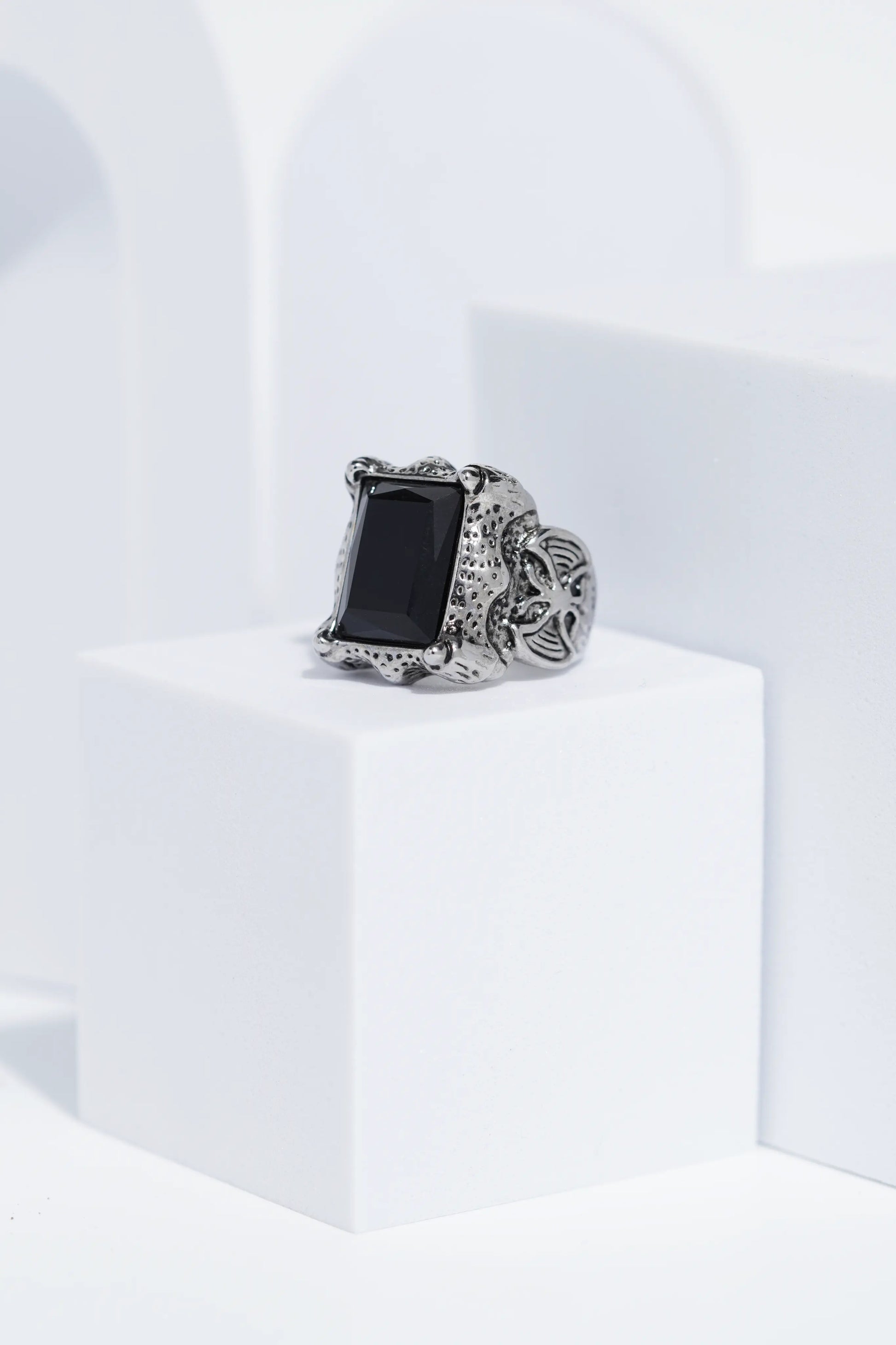 Black Stone Rectangle Silver Textured Turkish Ring For Men. worldjewel.in men's ring