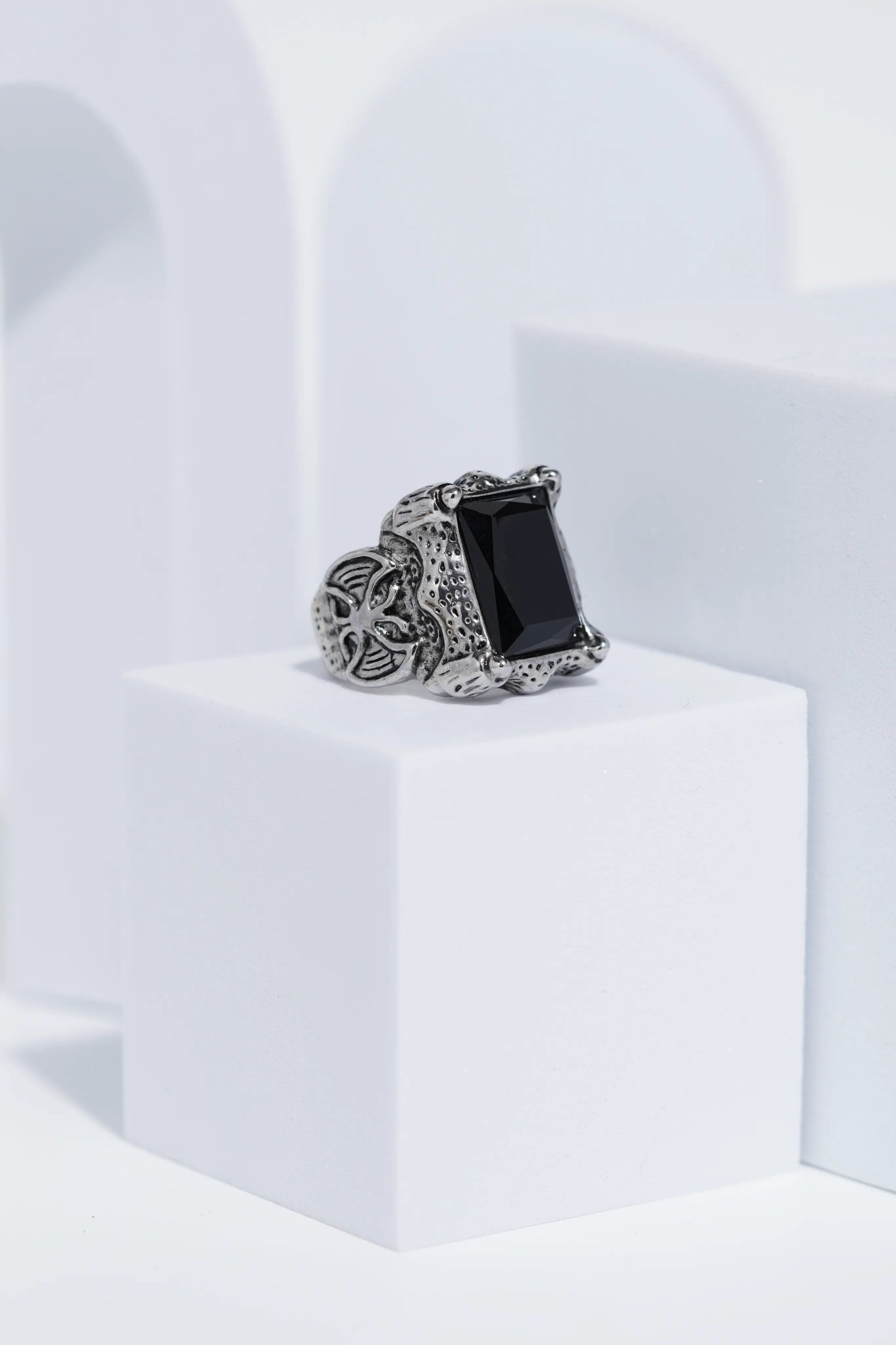 Black Stone Rectangle Silver Textured Turkish Ring For Men. worldjewel.in men's ring