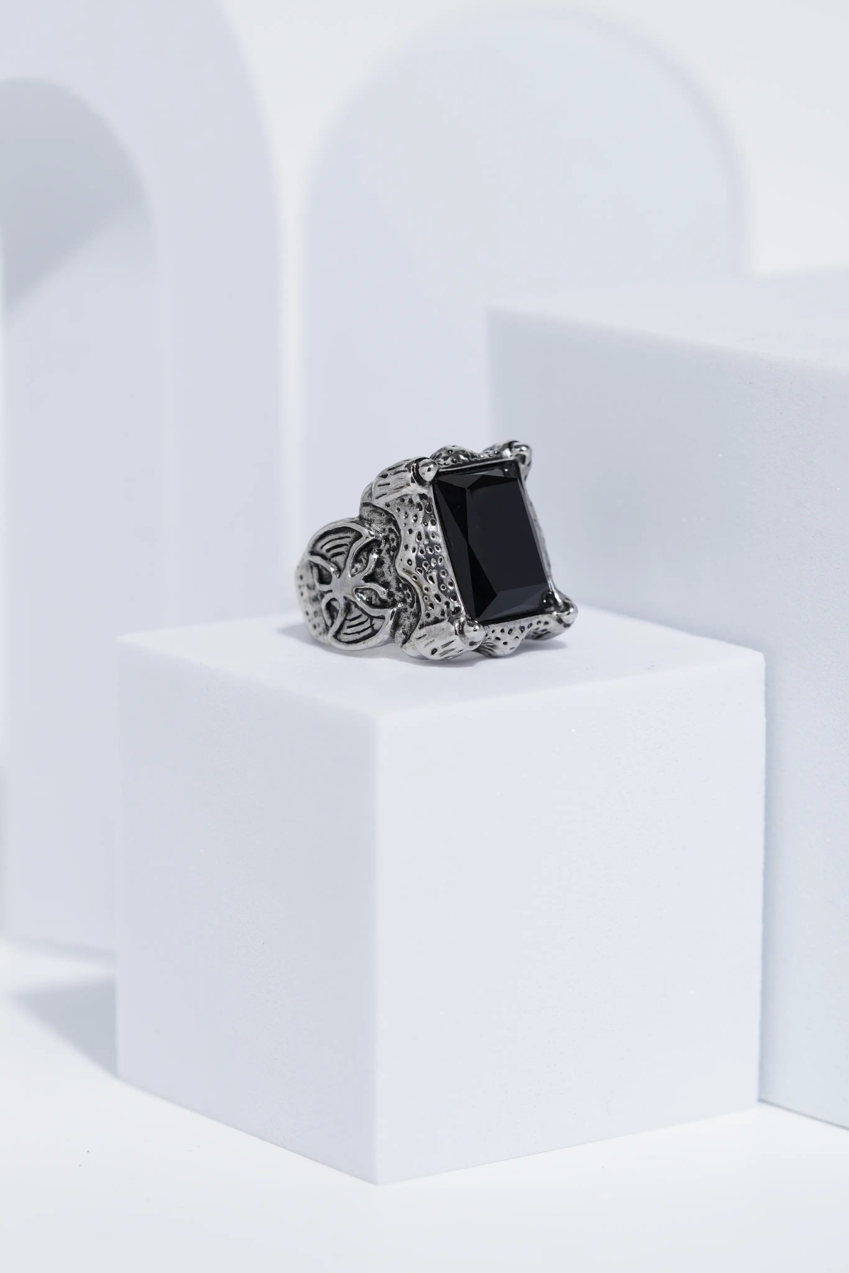 Black Stone Rectangle Silver Textured Turkish Ring For Men. worldjewel.in men's ring