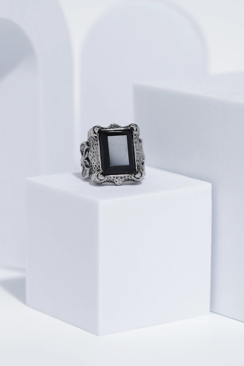 Black Stone Rectangle Silver Textured Turkish Ring For Men. worldjewel.in men's ring