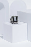 Black Stone Rectangle Silver Textured Turkish Ring For Men. worldjewel.in men's ring