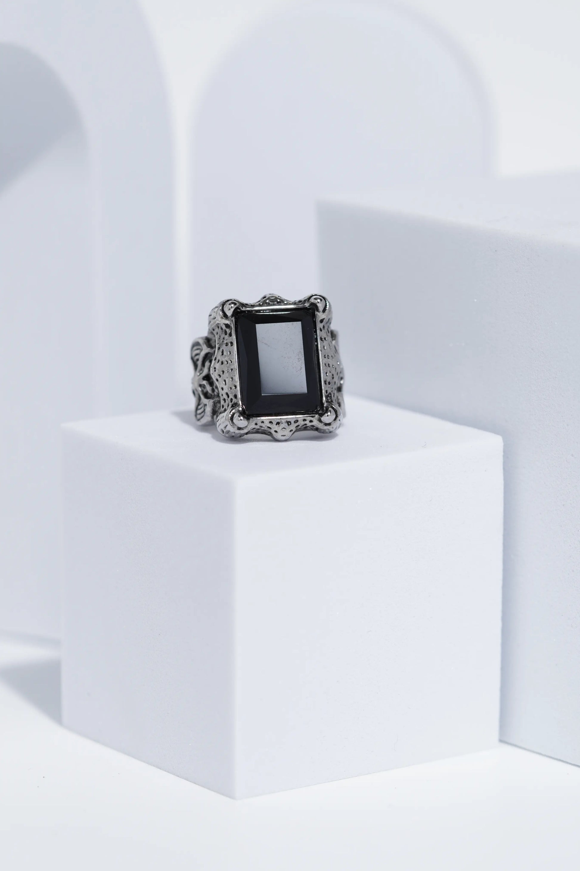 Black Stone Rectangle Silver Textured Turkish Ring For Men. worldjewel.in men's ring