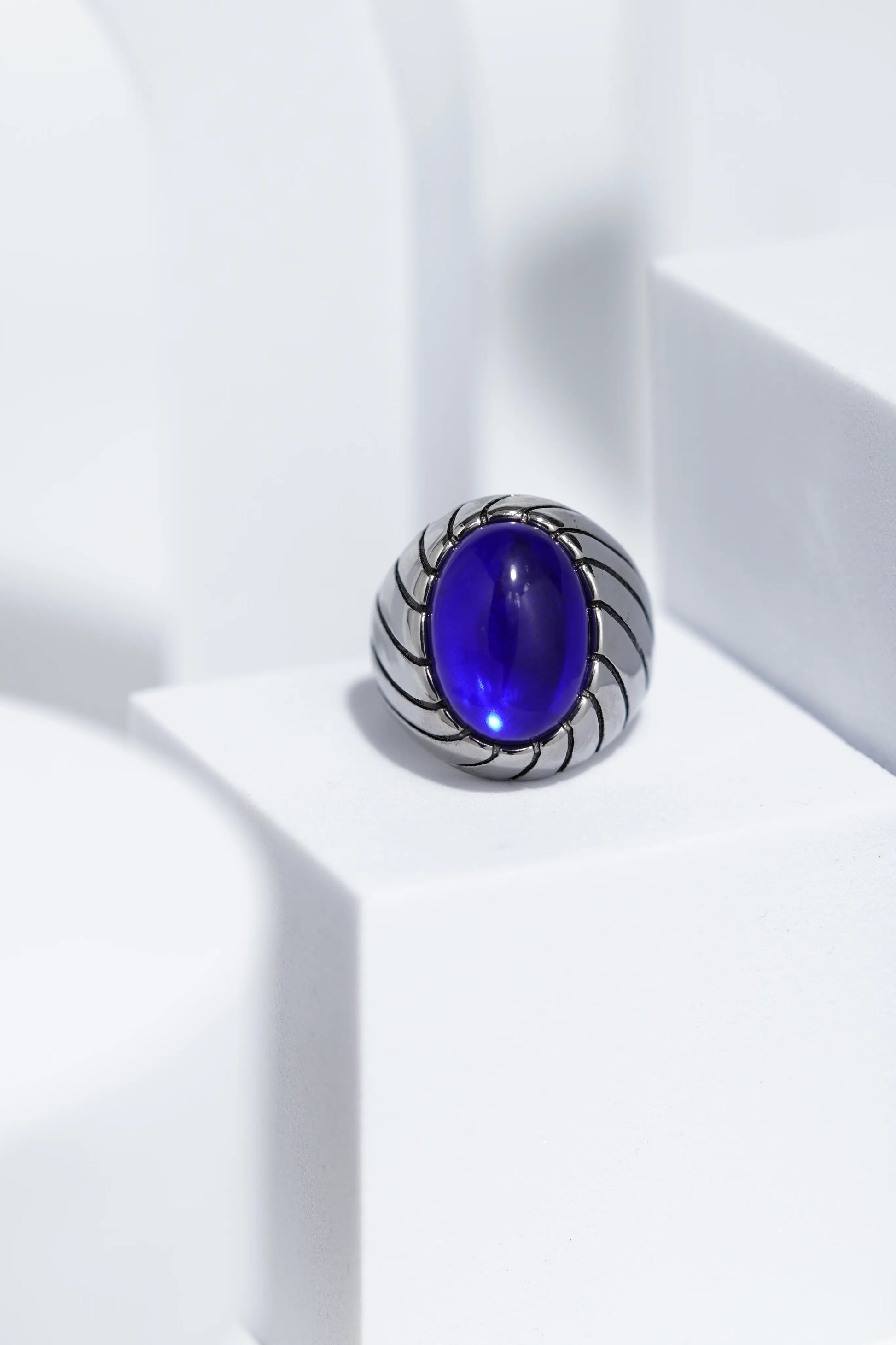 Blue Clear Oval Stone In Sliver Color Stainless Steel Ring For Men. worldjewel.in men's ring