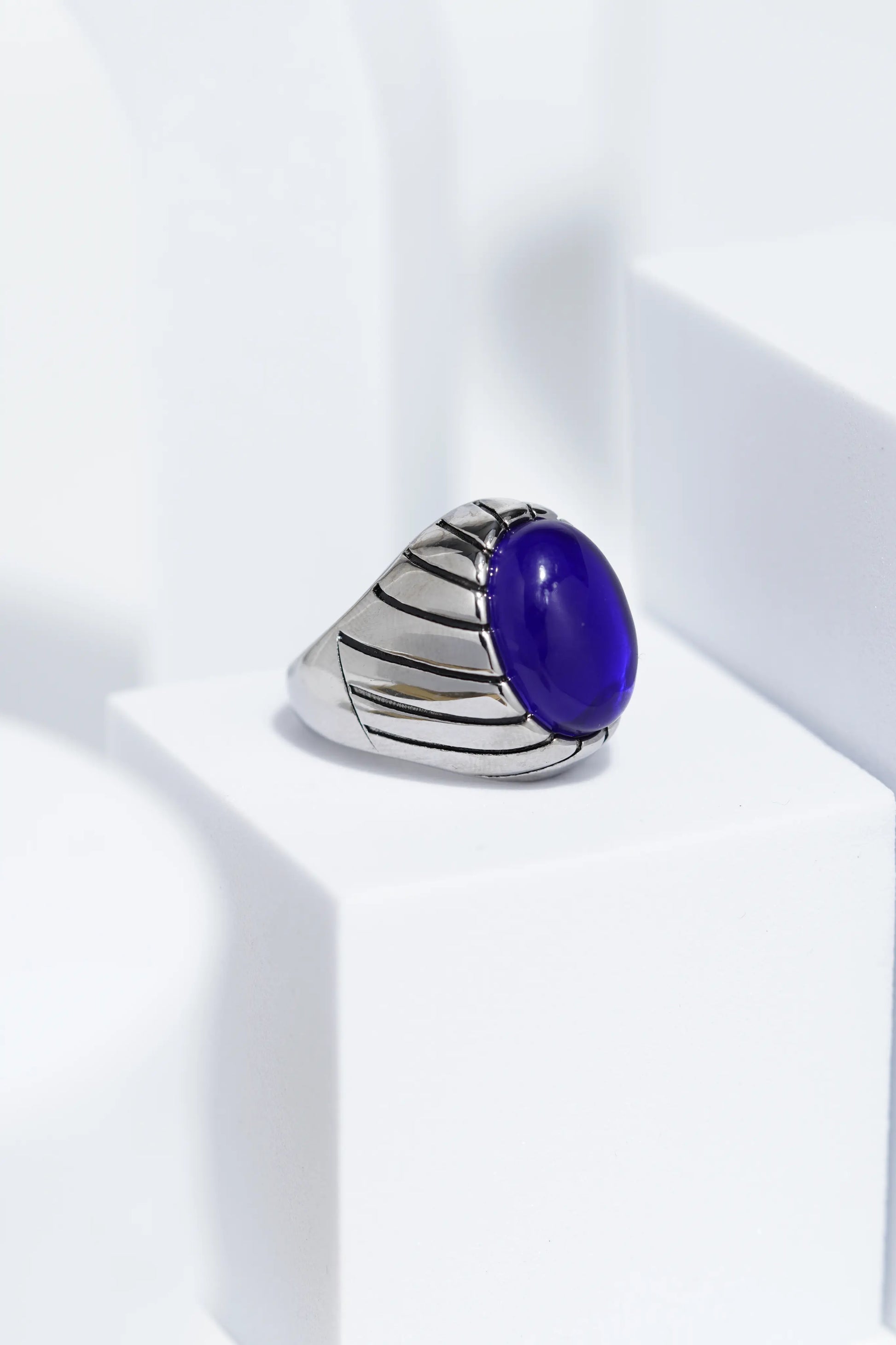 Blue Clear Oval Stone In Sliver Color Stainless Steel Ring For Men. worldjewel.in men's ring
