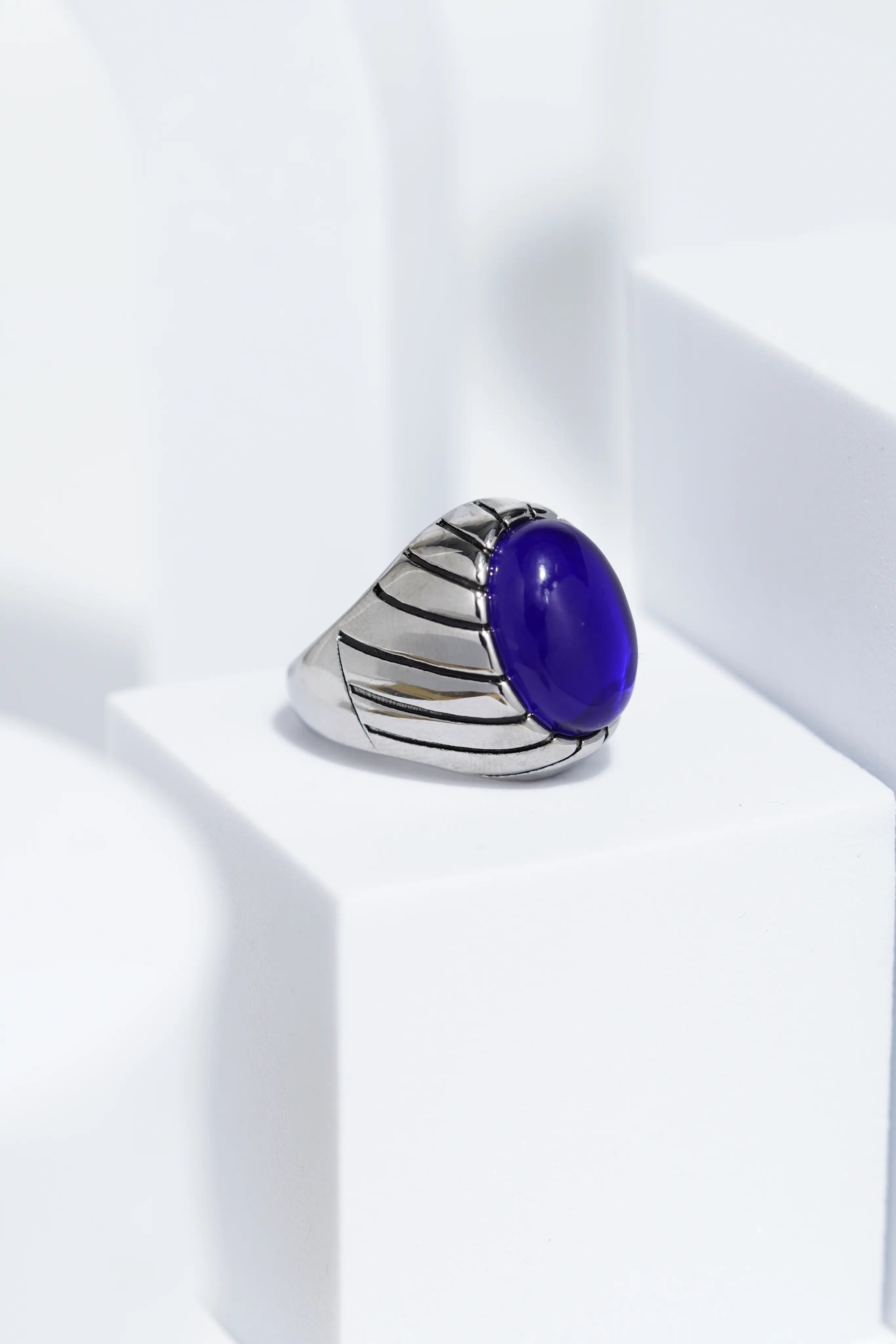 Blue Clear Oval Stone In Sliver Color Stainless Steel Ring For Men. worldjewel.in men's ring