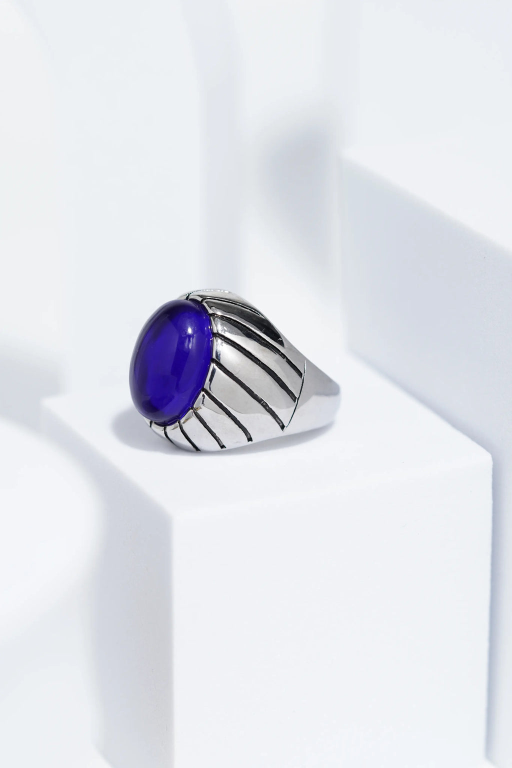 Blue Clear Oval Stone In Sliver Color Stainless Steel Ring For Men. worldjewel.in men's ring