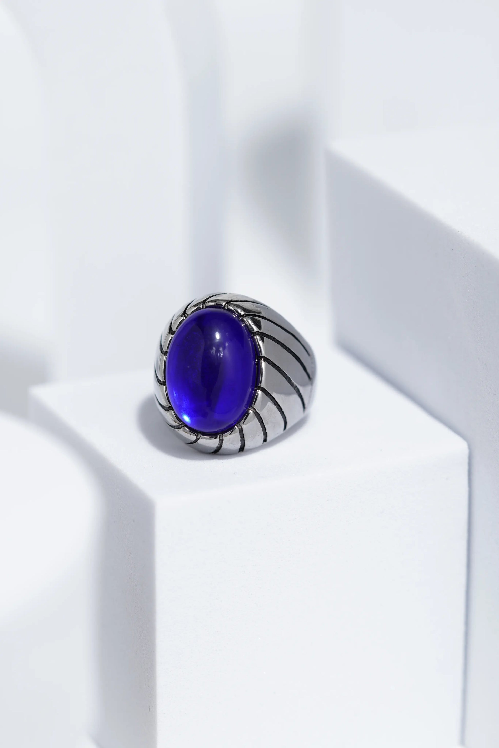 Blue Clear Oval Stone In Sliver Color Stainless Steel Ring For Men. worldjewel.in men's ring