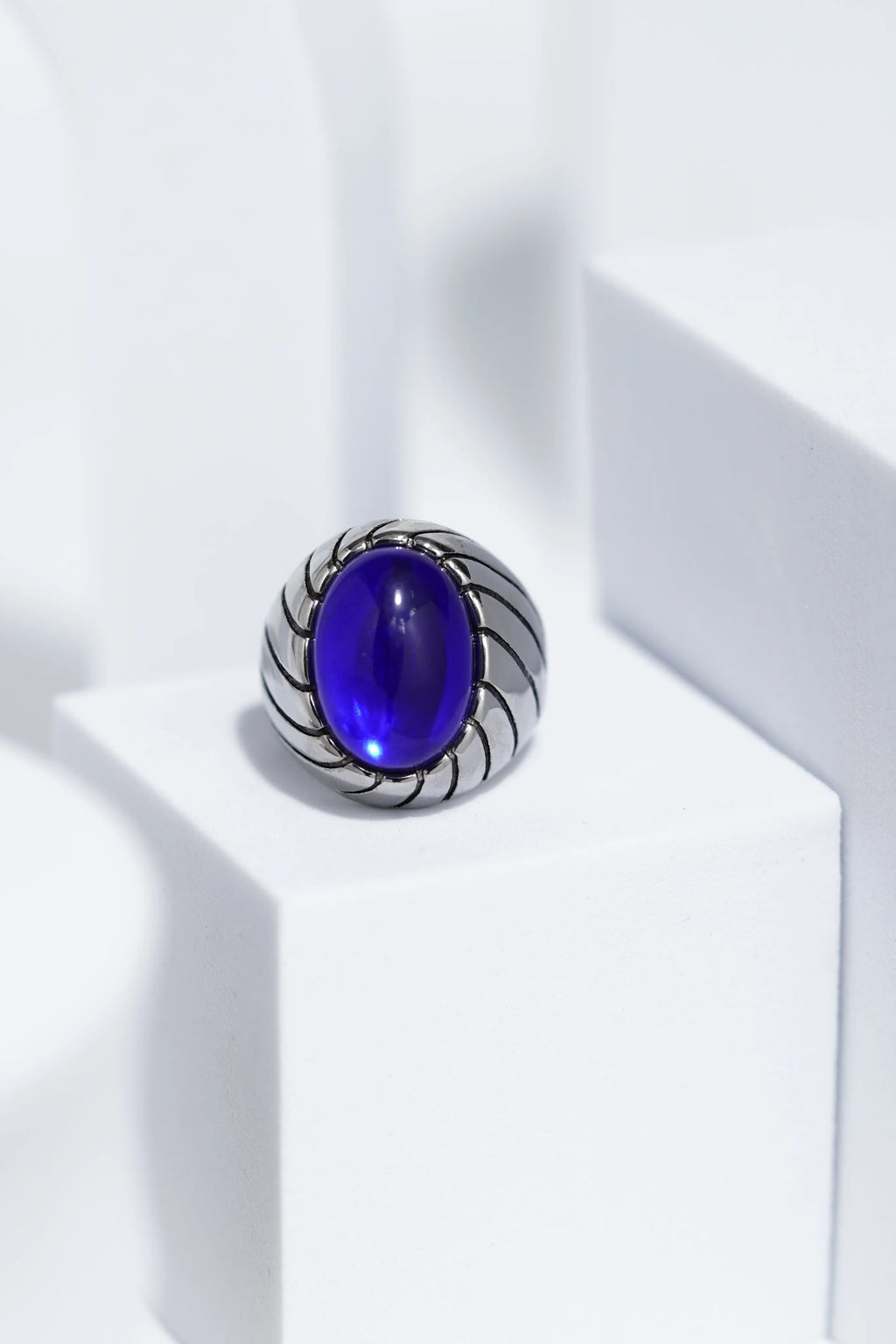 Blue Clear Oval Stone In Sliver Color Stainless Steel Ring For Men. worldjewel.in men's ring