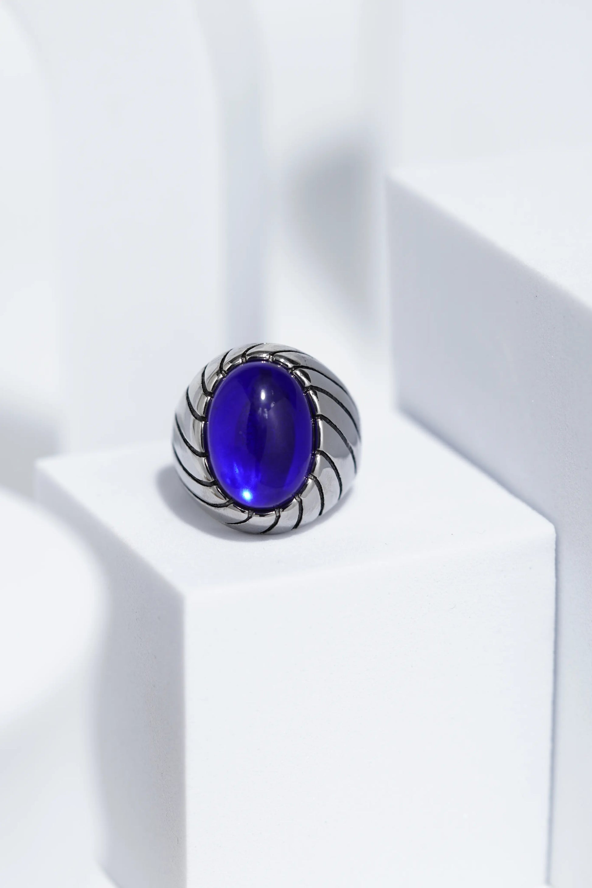 Blue Clear Oval Stone In Sliver Color Stainless Steel Ring For Men. worldjewel.in men's ring