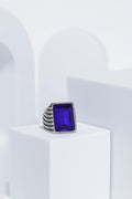 Blue Cut Stone Rectangle Silver Textured Turkish Ring For Men.
