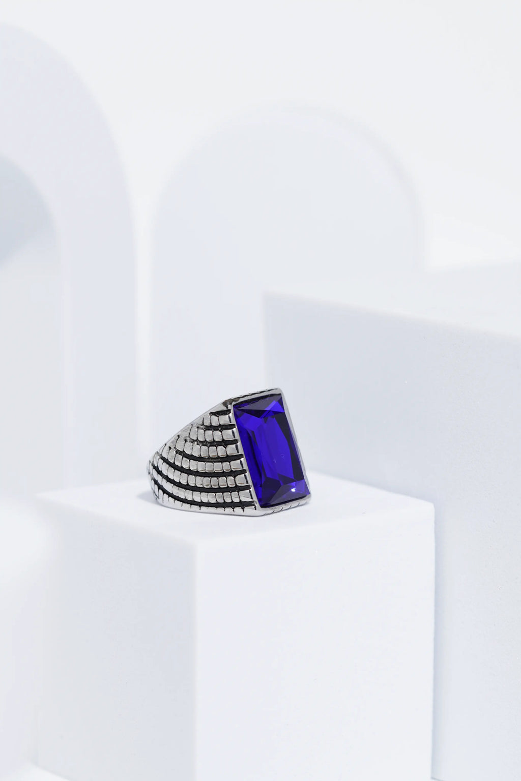 Blue Cut Stone Rectangle Silver Textured Turkish Ring For Men. worldjewel.in men's ring