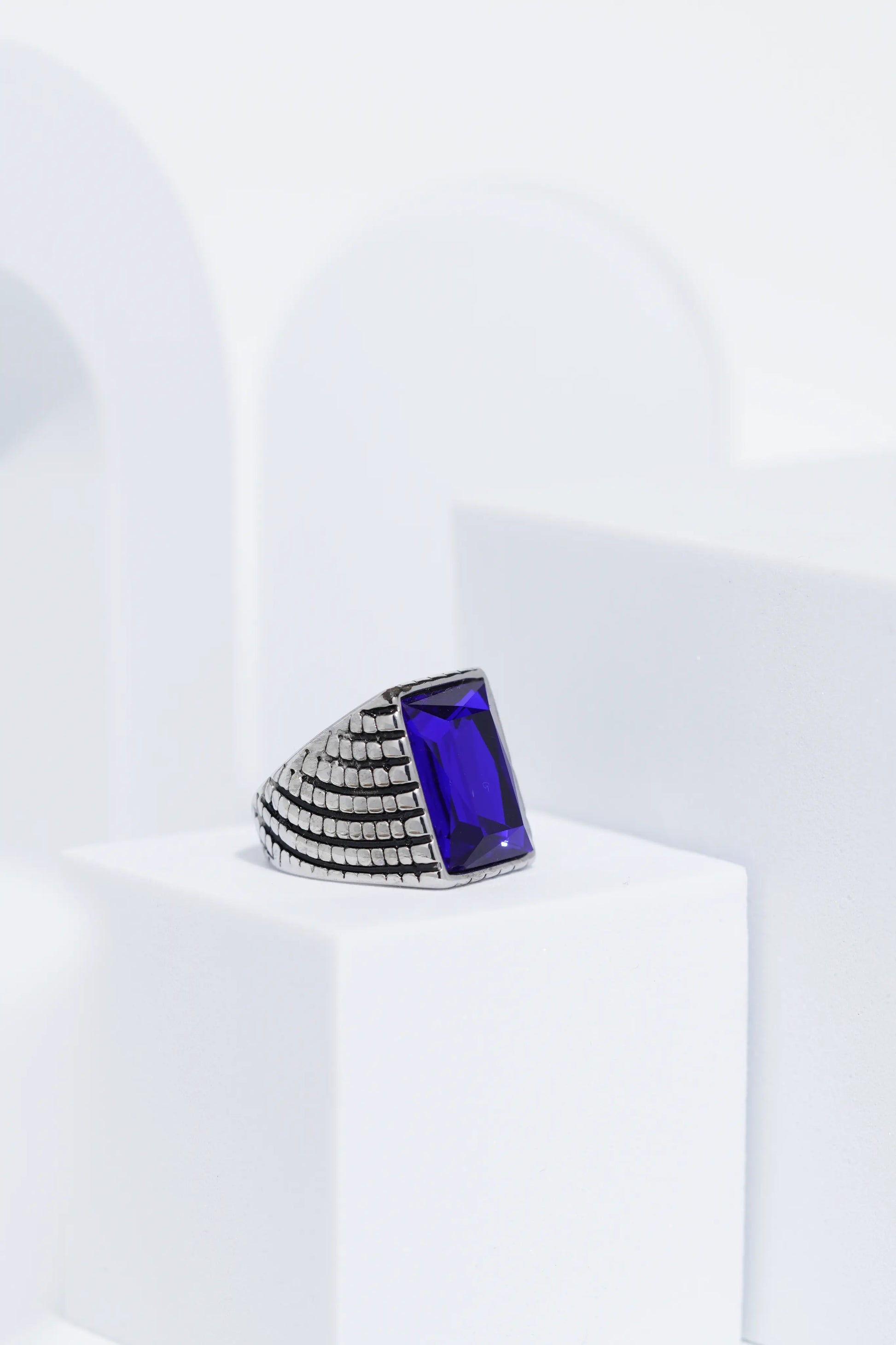 Blue Cut Stone Rectangle Silver Textured Turkish Ring For Men. worldjewel.in men's ring