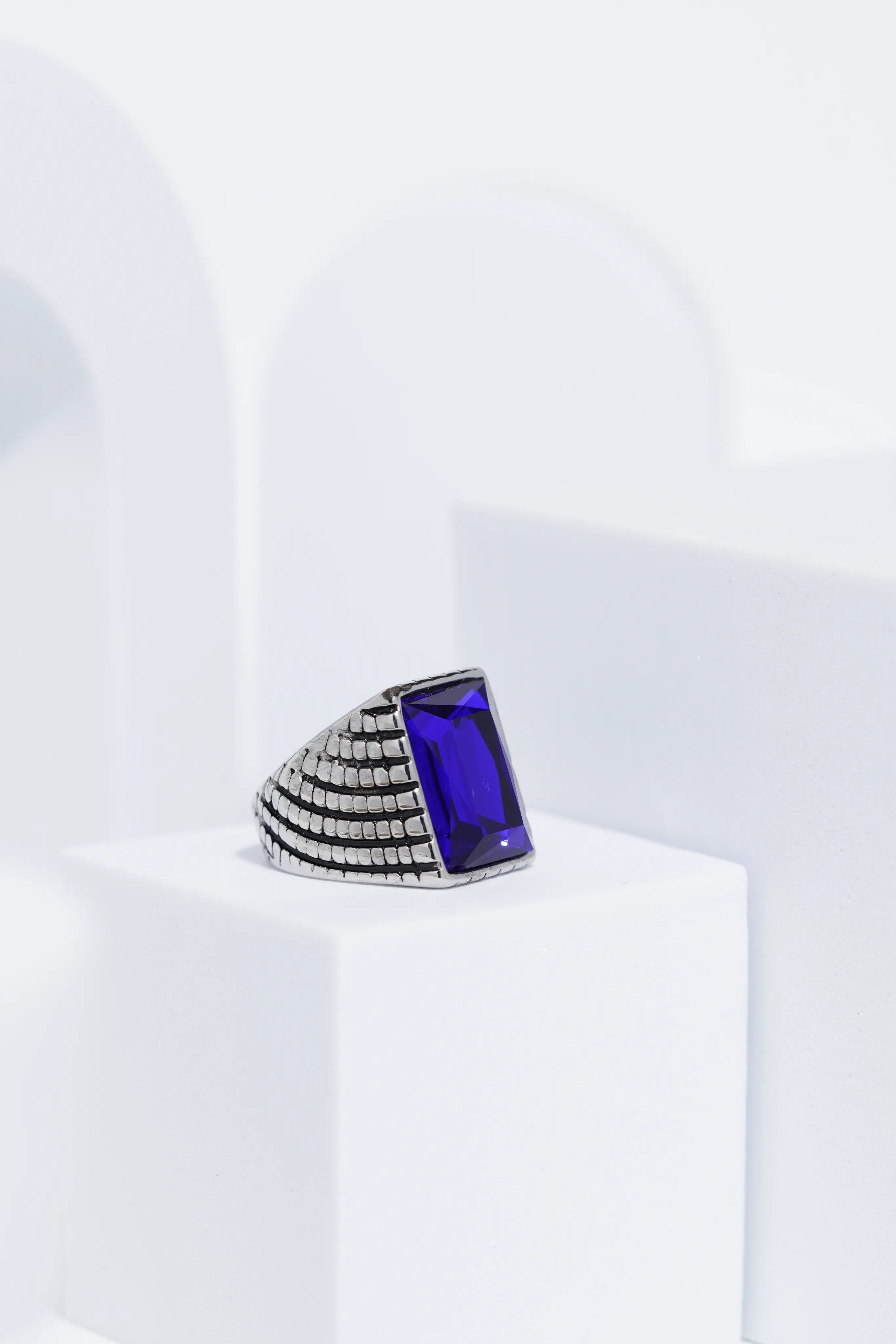 Blue Cut Stone Rectangle Silver Textured Turkish Ring For Men. worldjewel.in men's ring