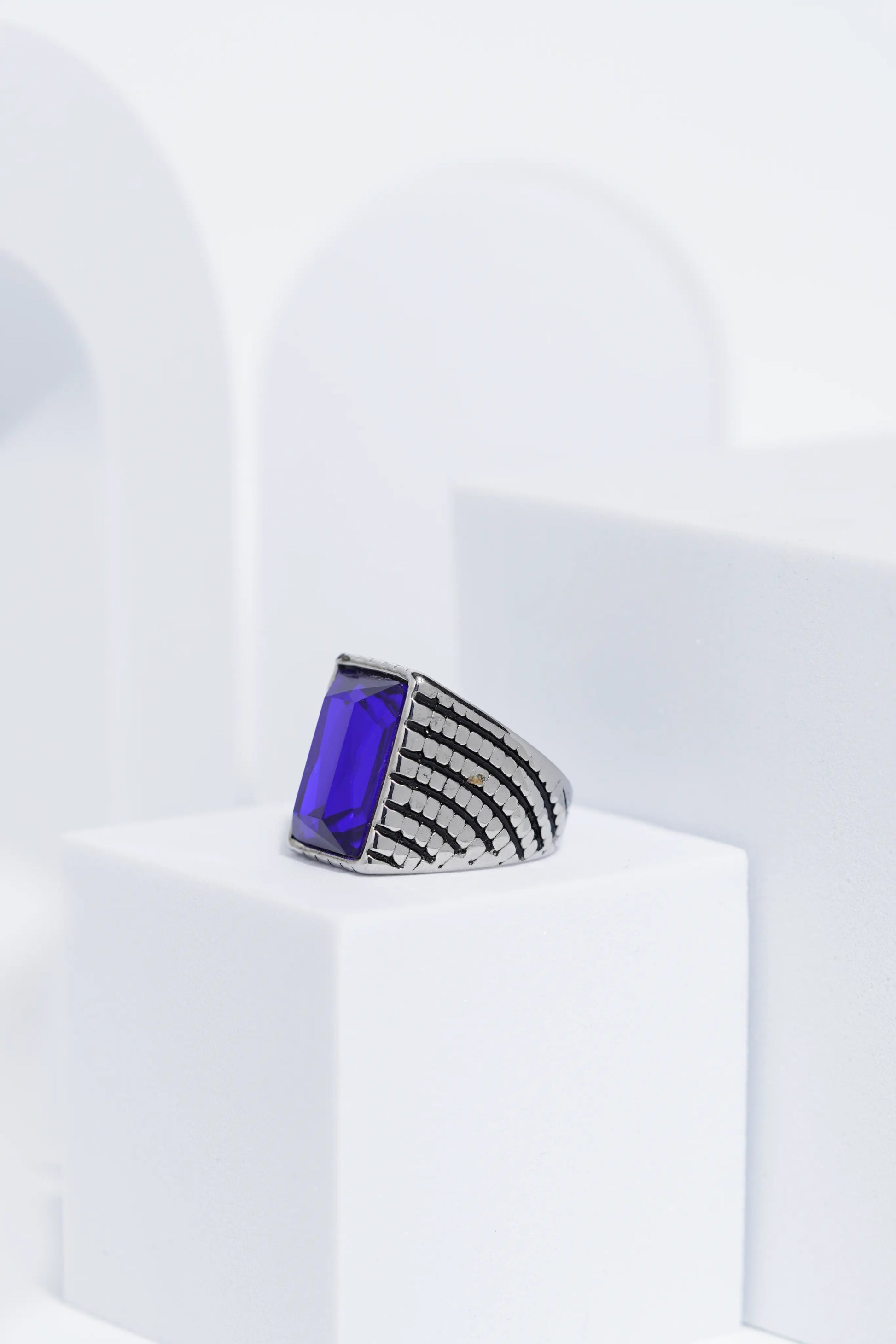 Blue Cut Stone Rectangle Silver Textured Turkish Ring For Men. worldjewel.in men's ring