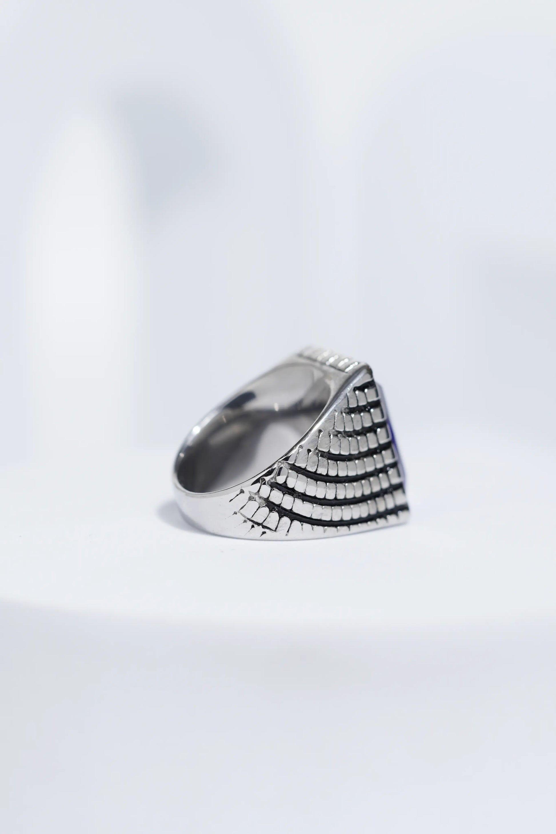 Blue Cut Stone Rectangle Silver Textured Turkish Ring For Men. worldjewel.in men's ring