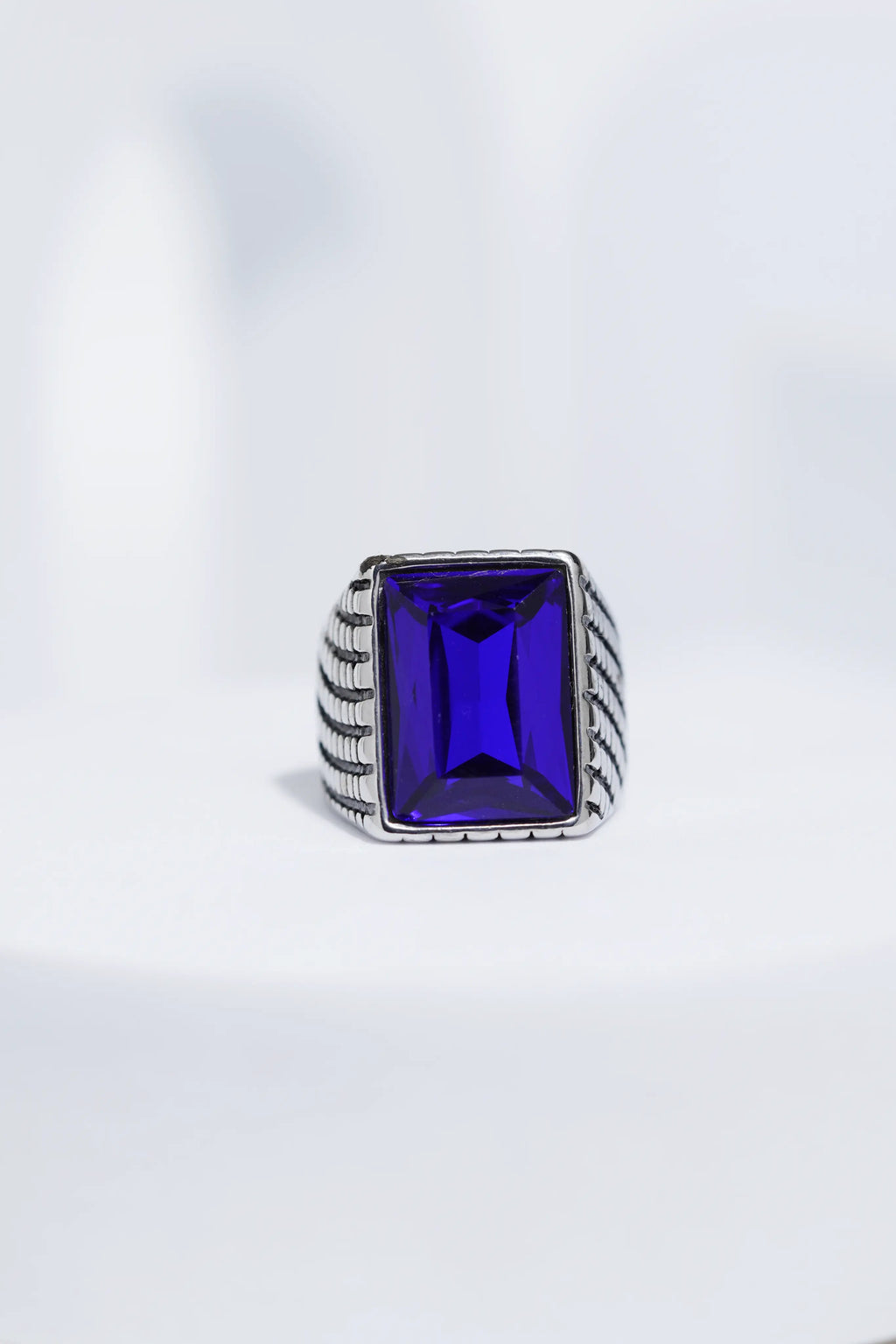 Blue Cut Stone Rectangle Silver Textured Turkish Ring For Men. worldjewel.in men's ring
