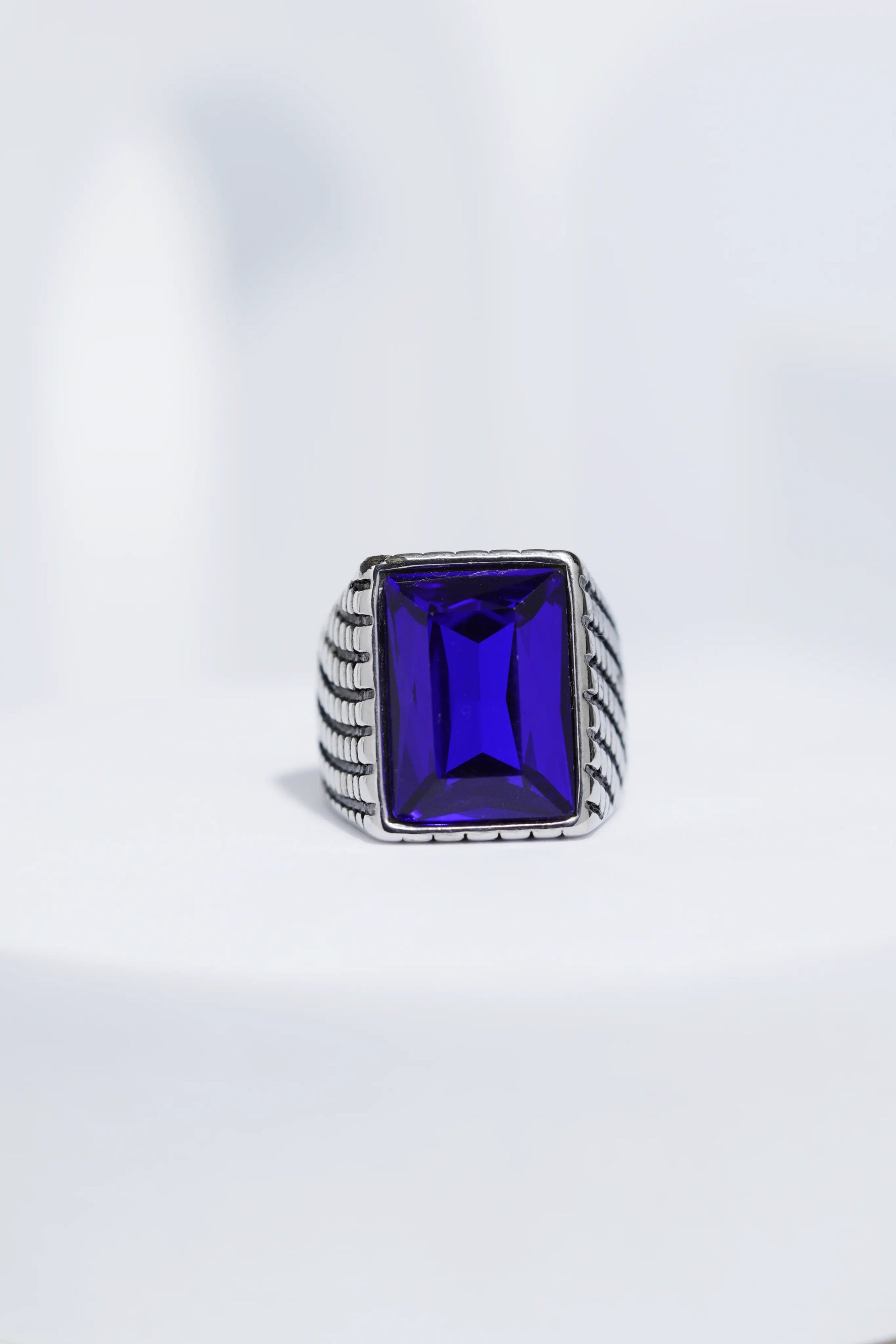 Blue Cut Stone Rectangle Silver Textured Turkish Ring For Men. worldjewel.in men's ring