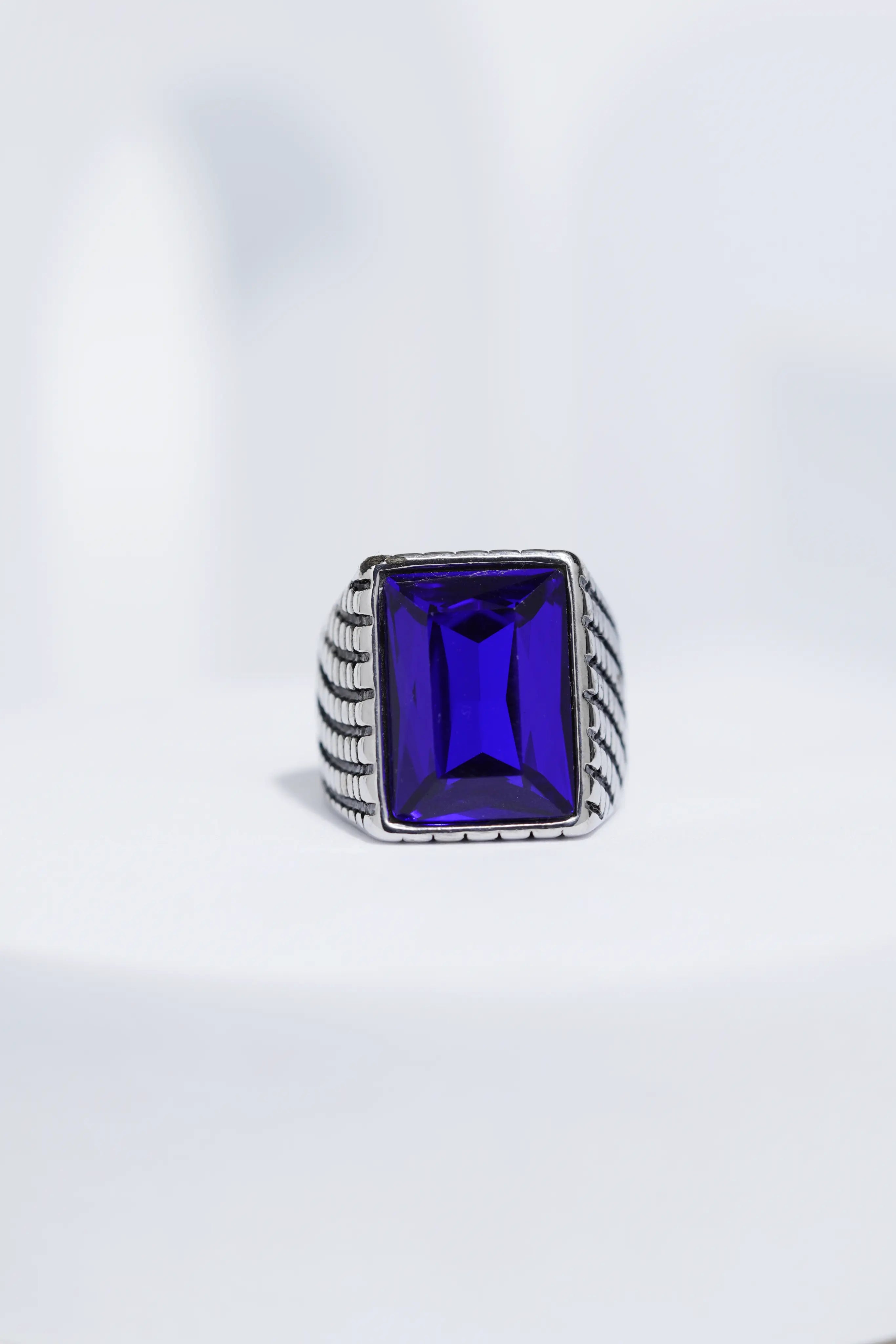 Blue Cut Stone Rectangle Silver Textured Turkish Ring For Men. worldjewel.in men's ring