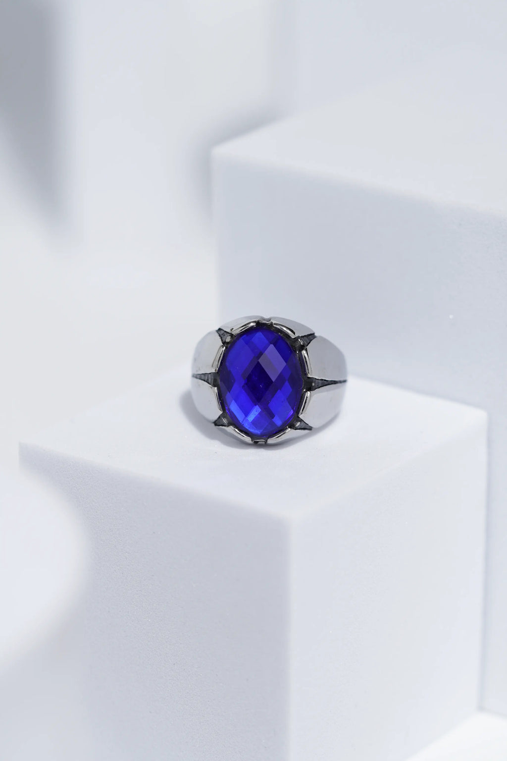 Blue Oval Cut Gem Silver Stainless Steel Ring For Men. worldjewel.in men's ring