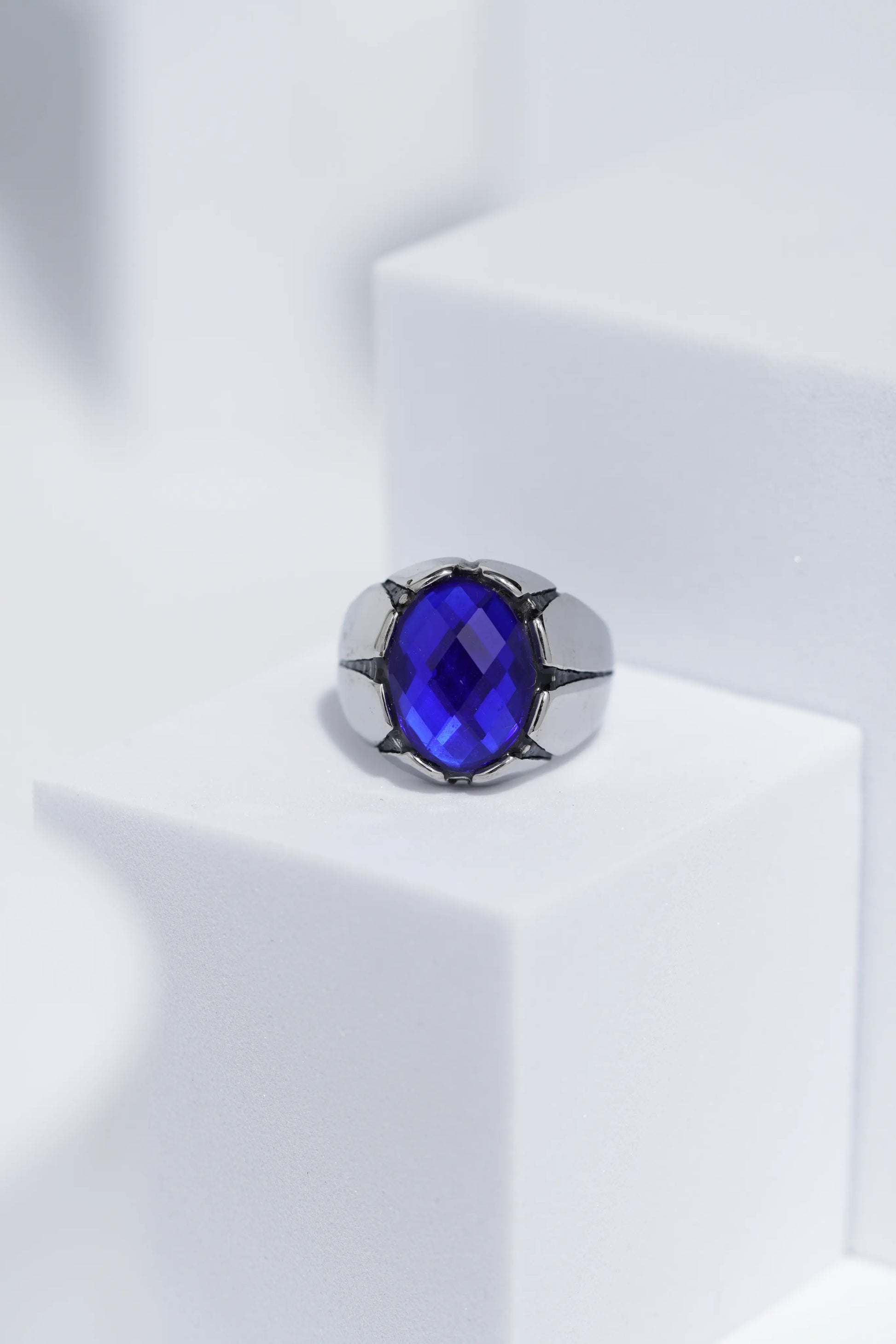 Blue Oval Cut Gem Silver Stainless Steel Ring For Men. worldjewel.in men's ring