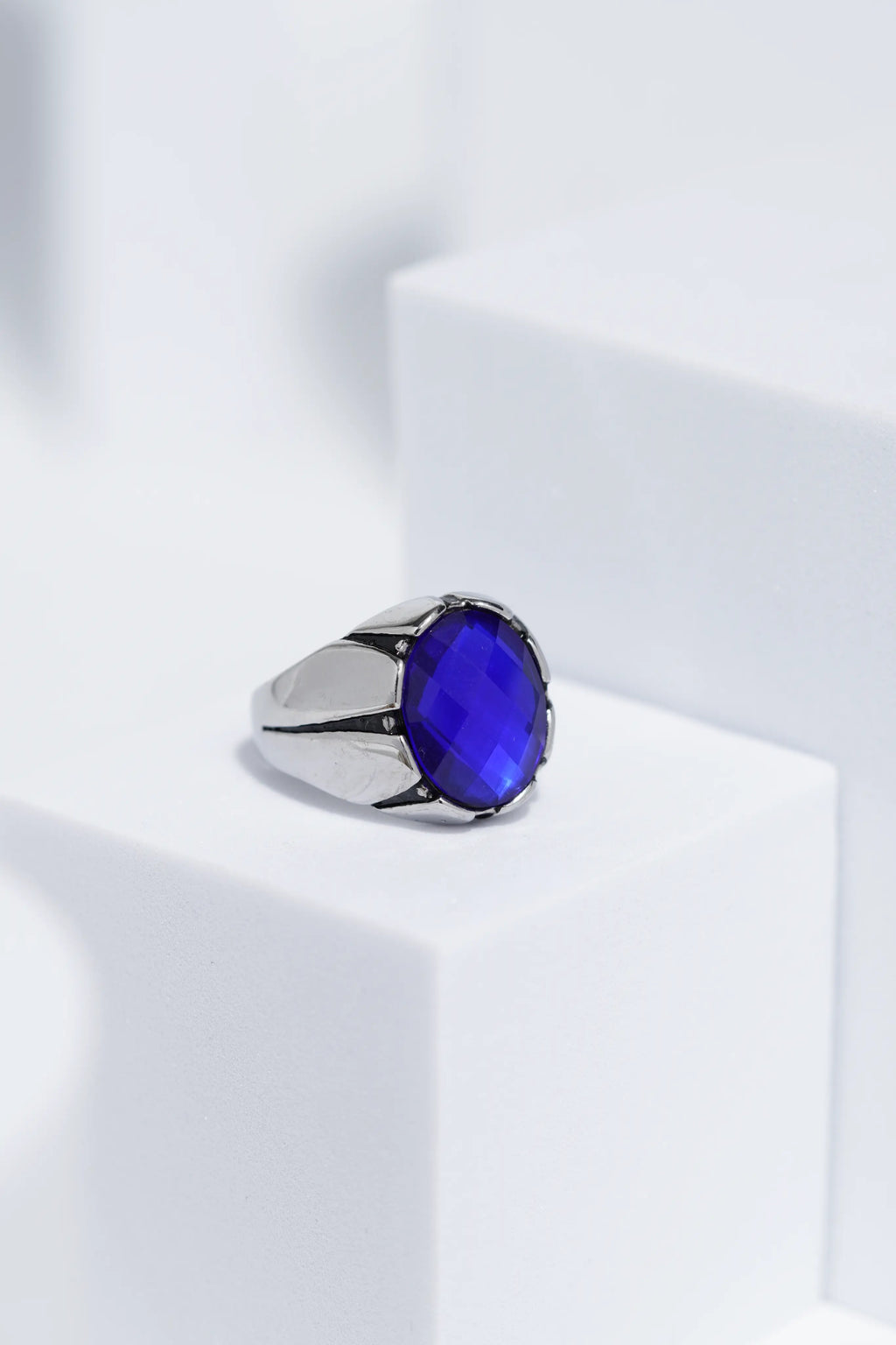 Blue Oval Cut Gem Silver Stainless Steel Ring For Men. worldjewel.in men's ring
