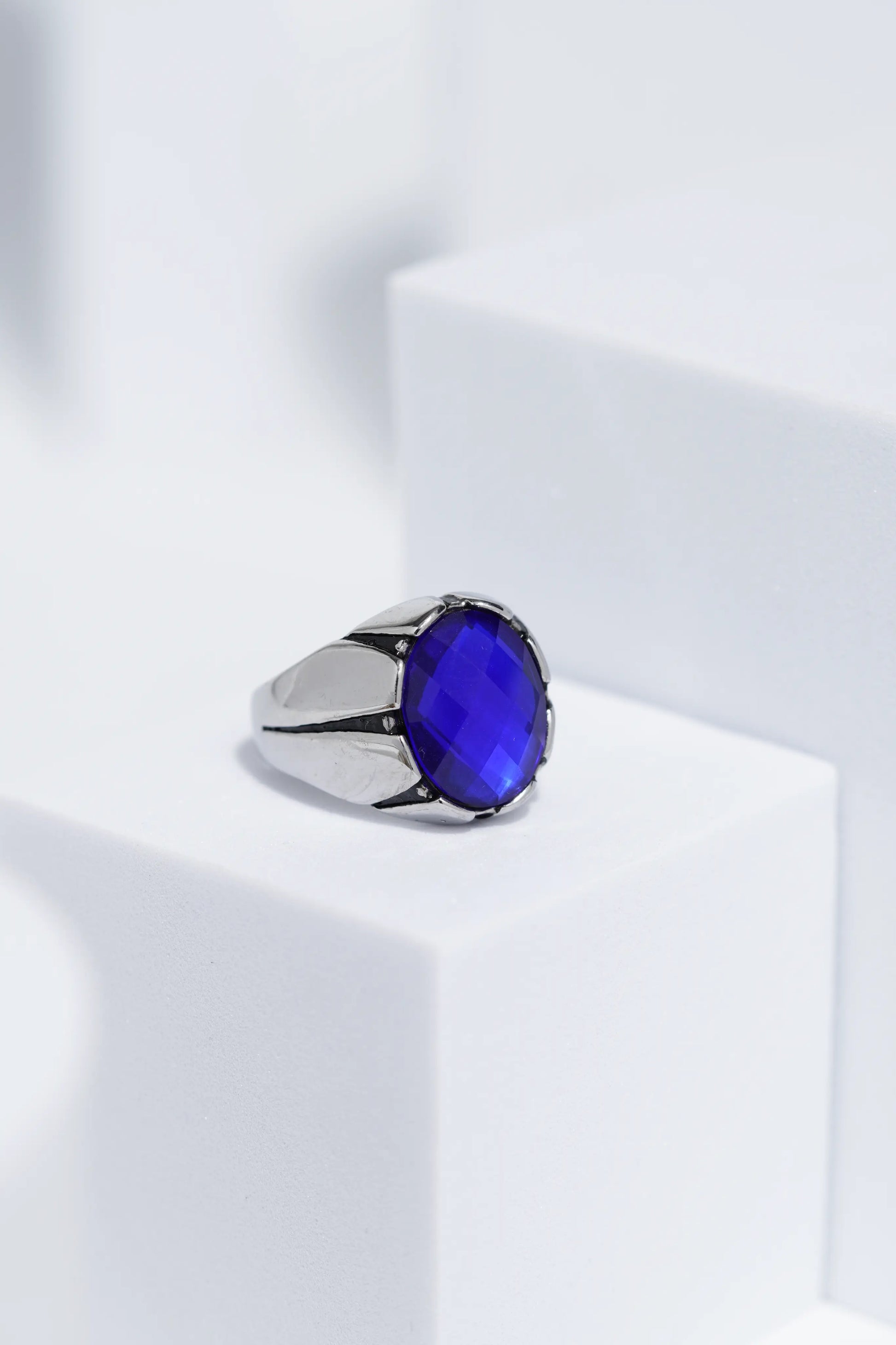 Blue Oval Cut Gem Silver Stainless Steel Ring For Men. worldjewel.in men's ring