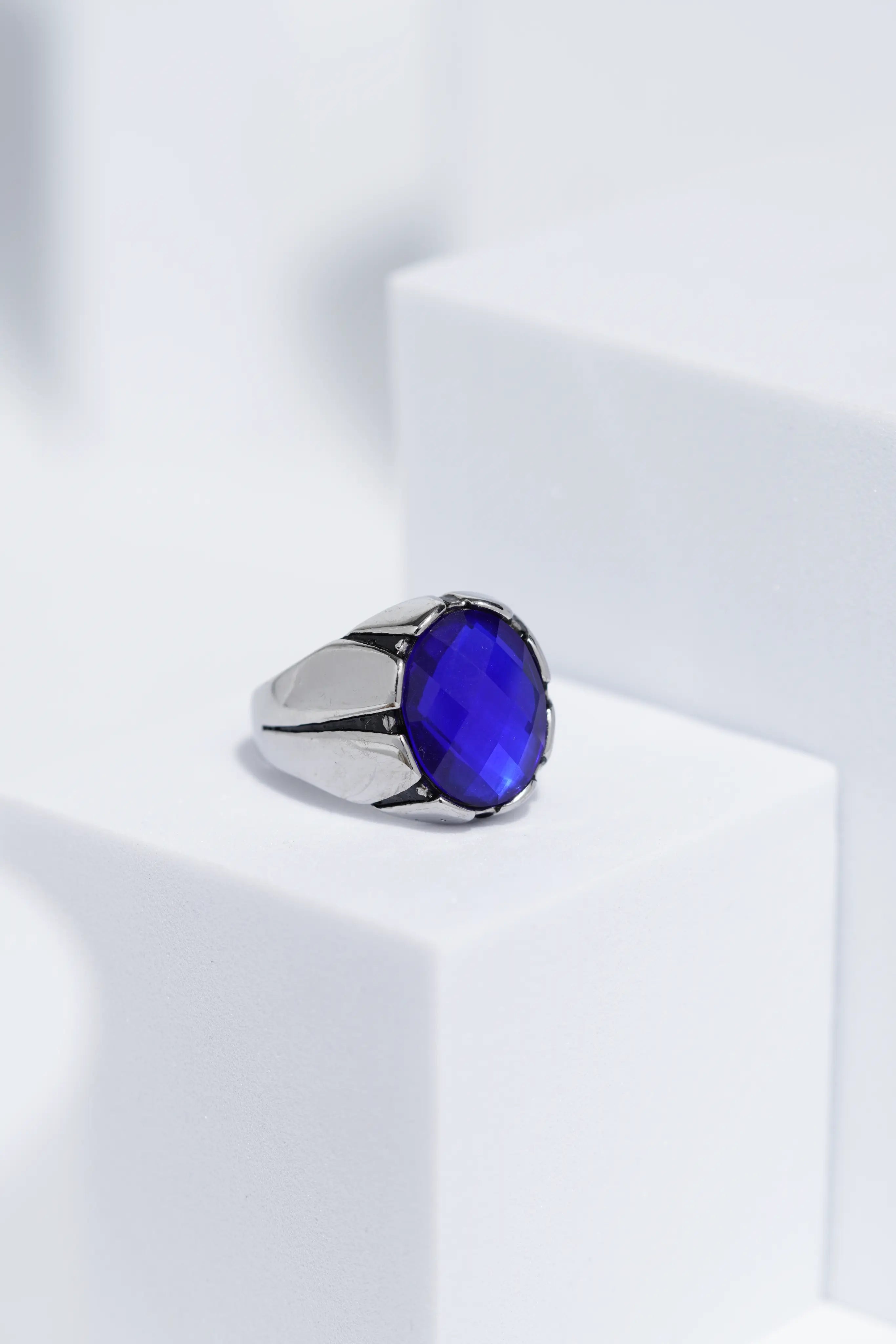 Blue Oval Cut Gem Silver Stainless Steel Ring For Men. worldjewel.in men's ring