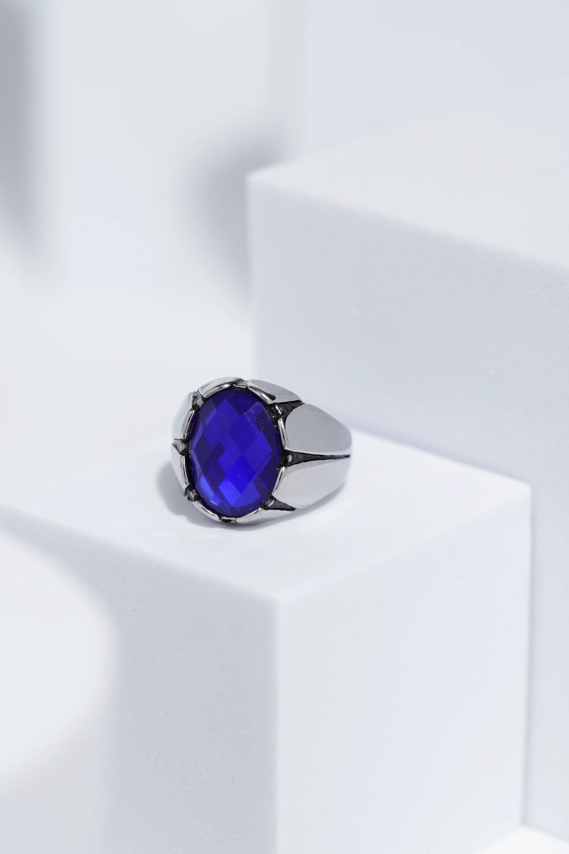 Blue Oval Cut Gem Silver Stainless Steel Ring For Men. worldjewel.in men's ring