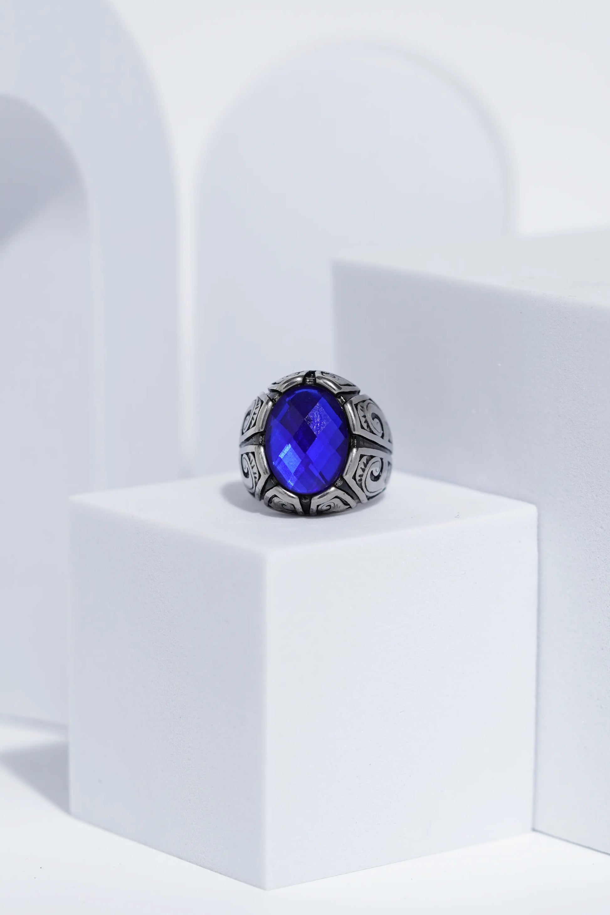Blue Oval Cut Gem Silver Textured Stainless steel Ring For Men. worldjewel.in men's ring
